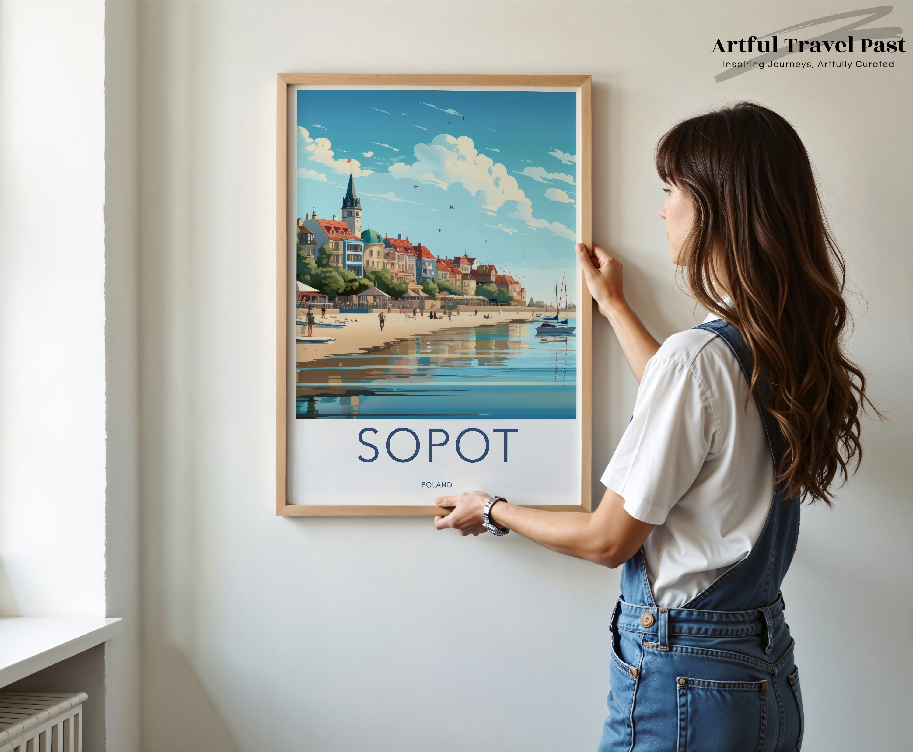 Sopot beach panoramic view wall art, charming coastal town print, nautical seaside artwork, Poland travel poster decor