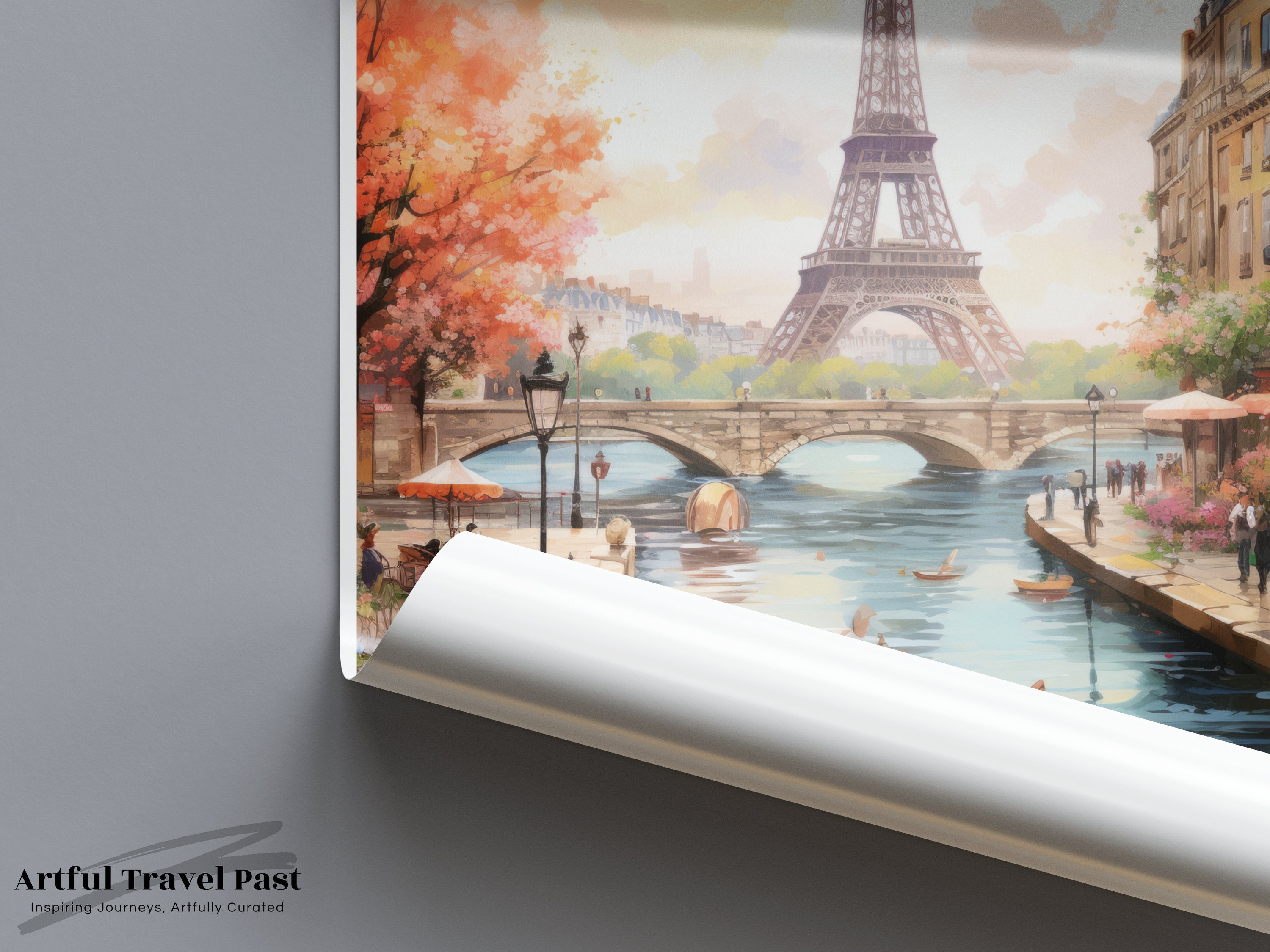 Paris Wall Art Print Eiffel Tower Illustration Canal Scene France Cityscape, Paris Artwork Decor, Home Office Wall Art