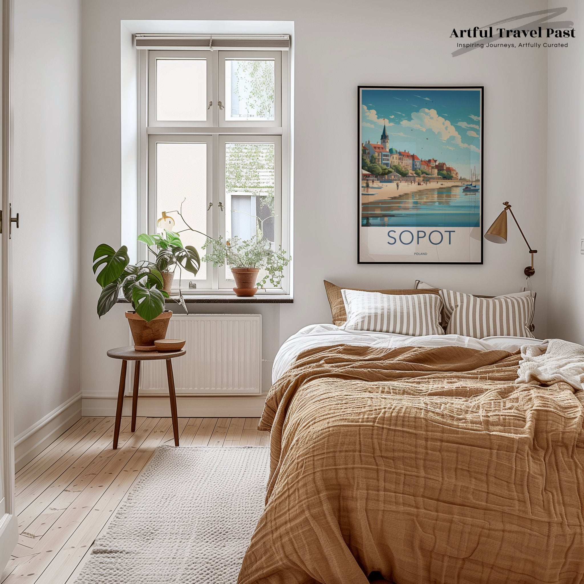 Sopot beach panoramic view wall art, charming coastal town print, nautical seaside artwork, Poland travel poster decor