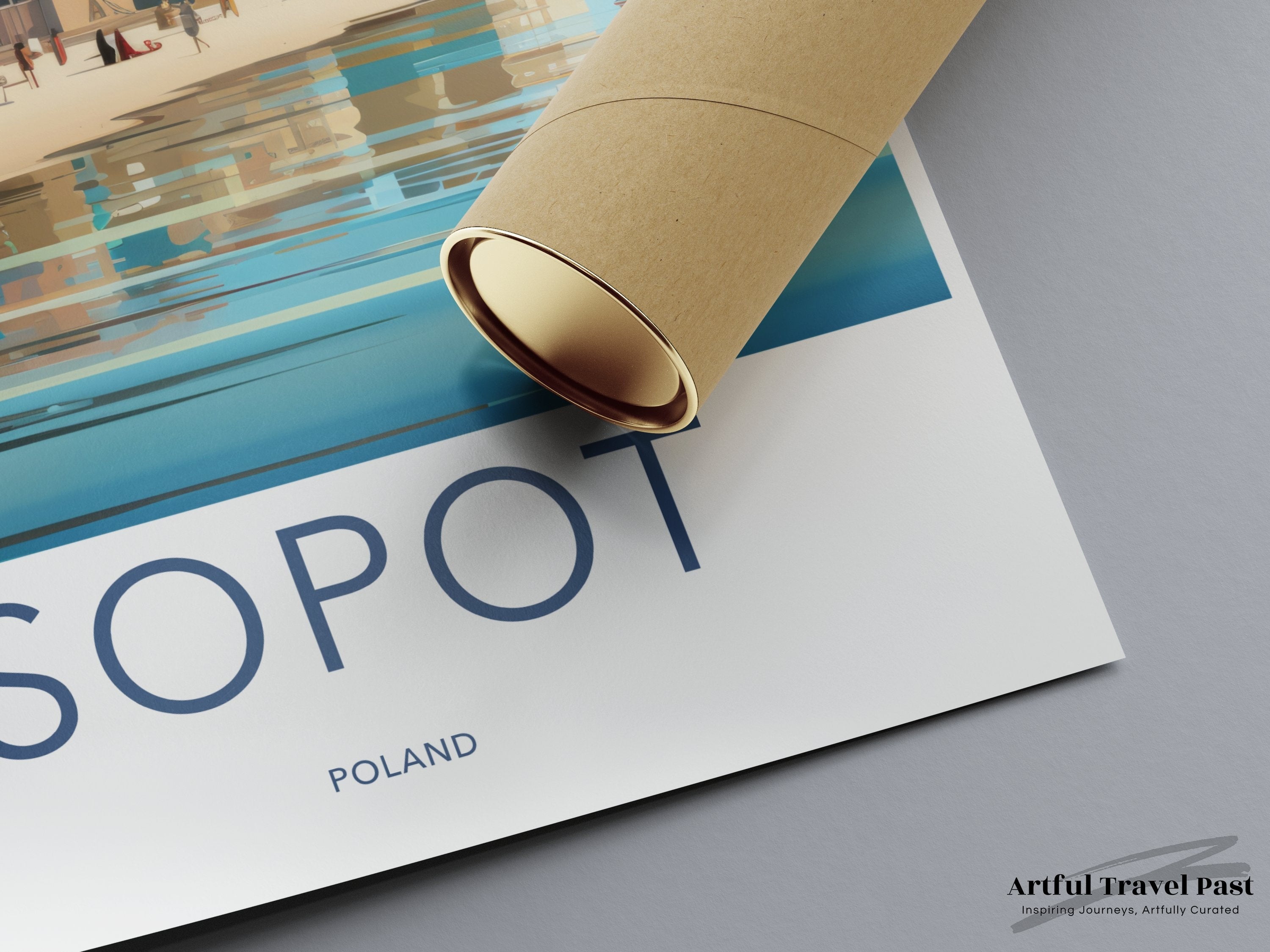 Sopot beach panoramic view wall art, charming coastal town print, nautical seaside artwork, Poland travel poster decor