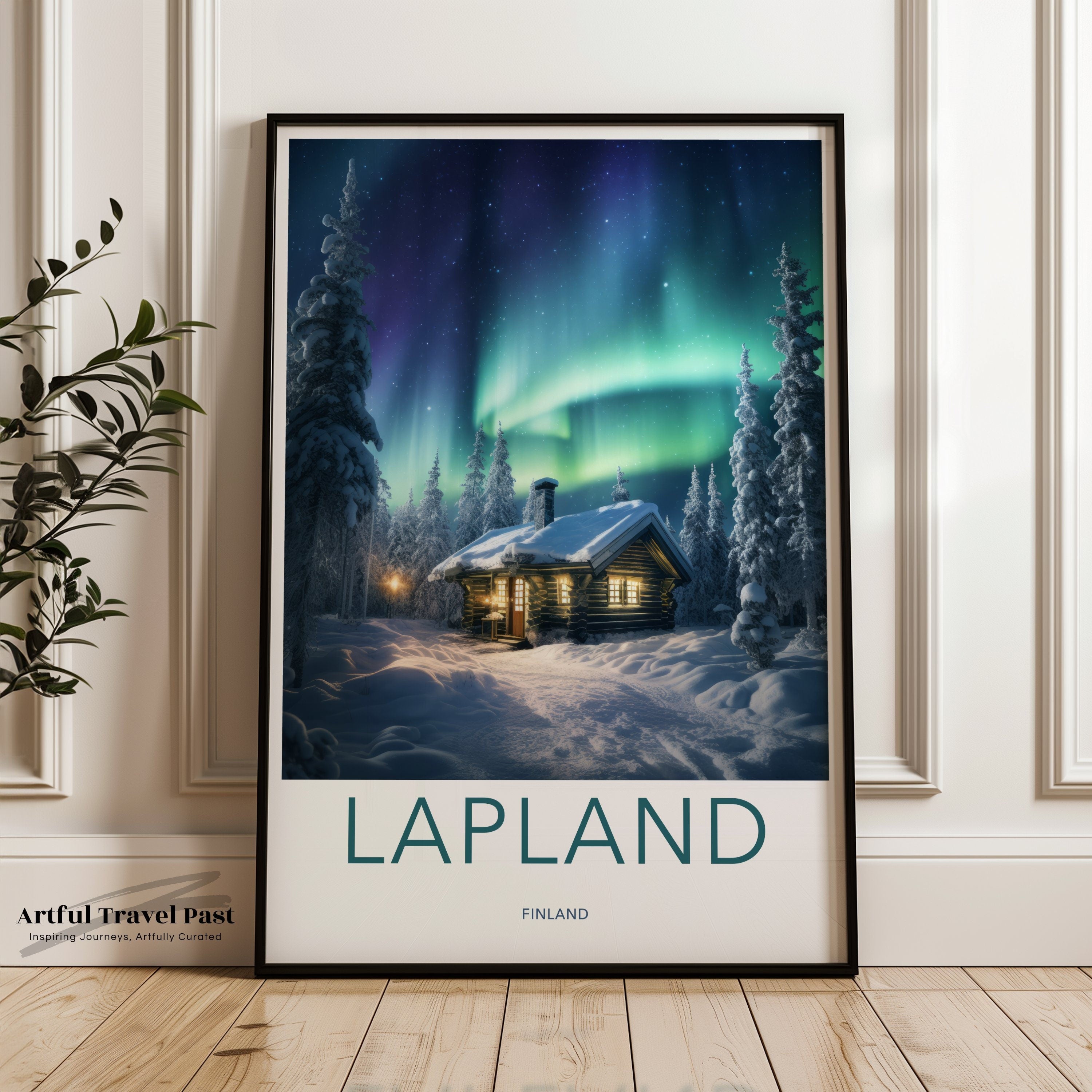 Lapland Finland Aurora Borealis Winter Wonderland Night Sky Scenic Wall Art, Cozy Cabin in Snowy Forest, Northern Lights