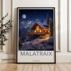 Scenic Winter Chalet Malatraix Wall Art, Serene Snowy Night View, Majestic Swiss Alps, Cozy Cabin Decor, Christmas Eve Atmosphere