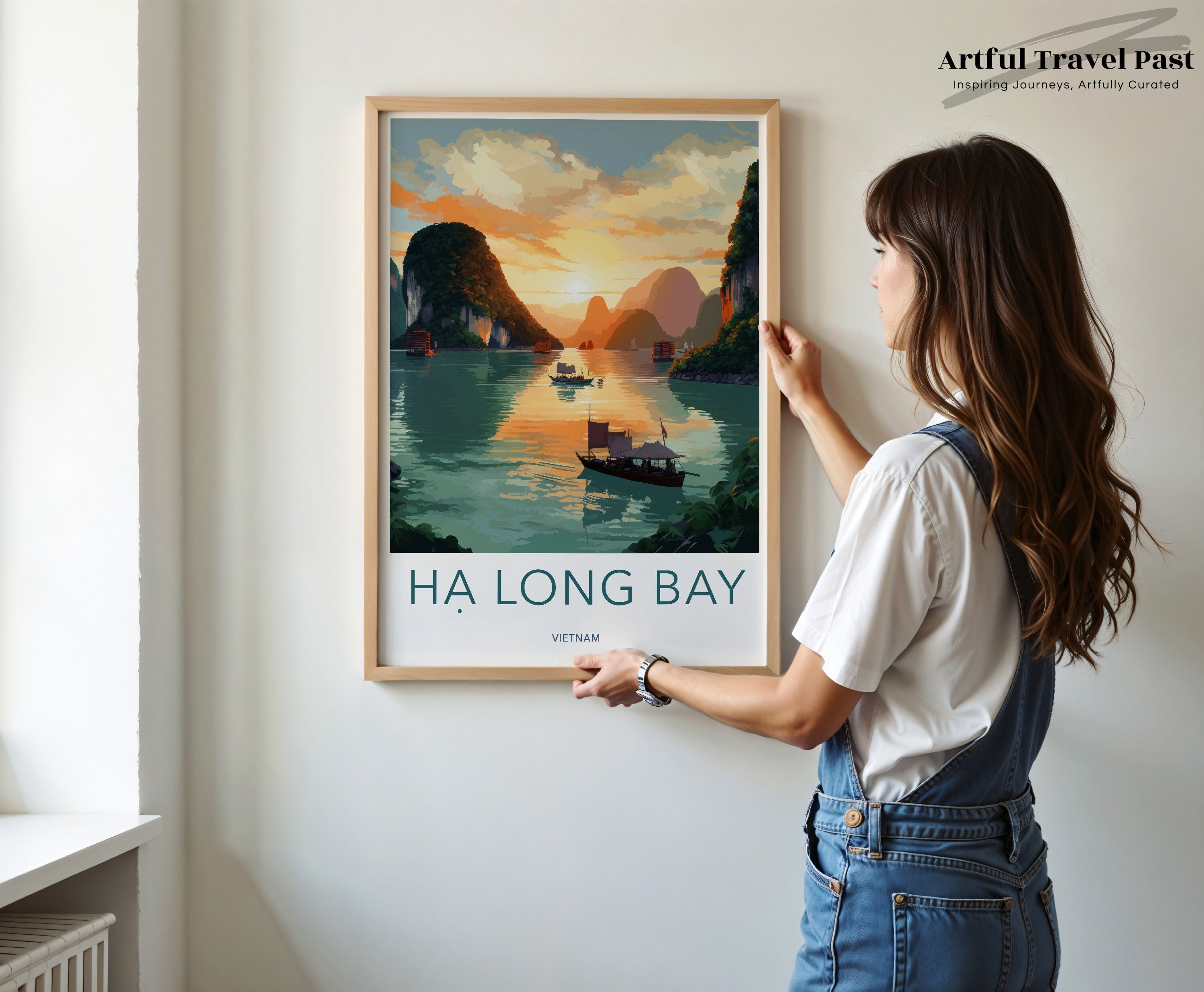 Ha Long Bay Vietnam Wall Art, Stunning Sunset View, Scenic Seascape, Majestic Rock Formations, Boats on Water, Travel Decor