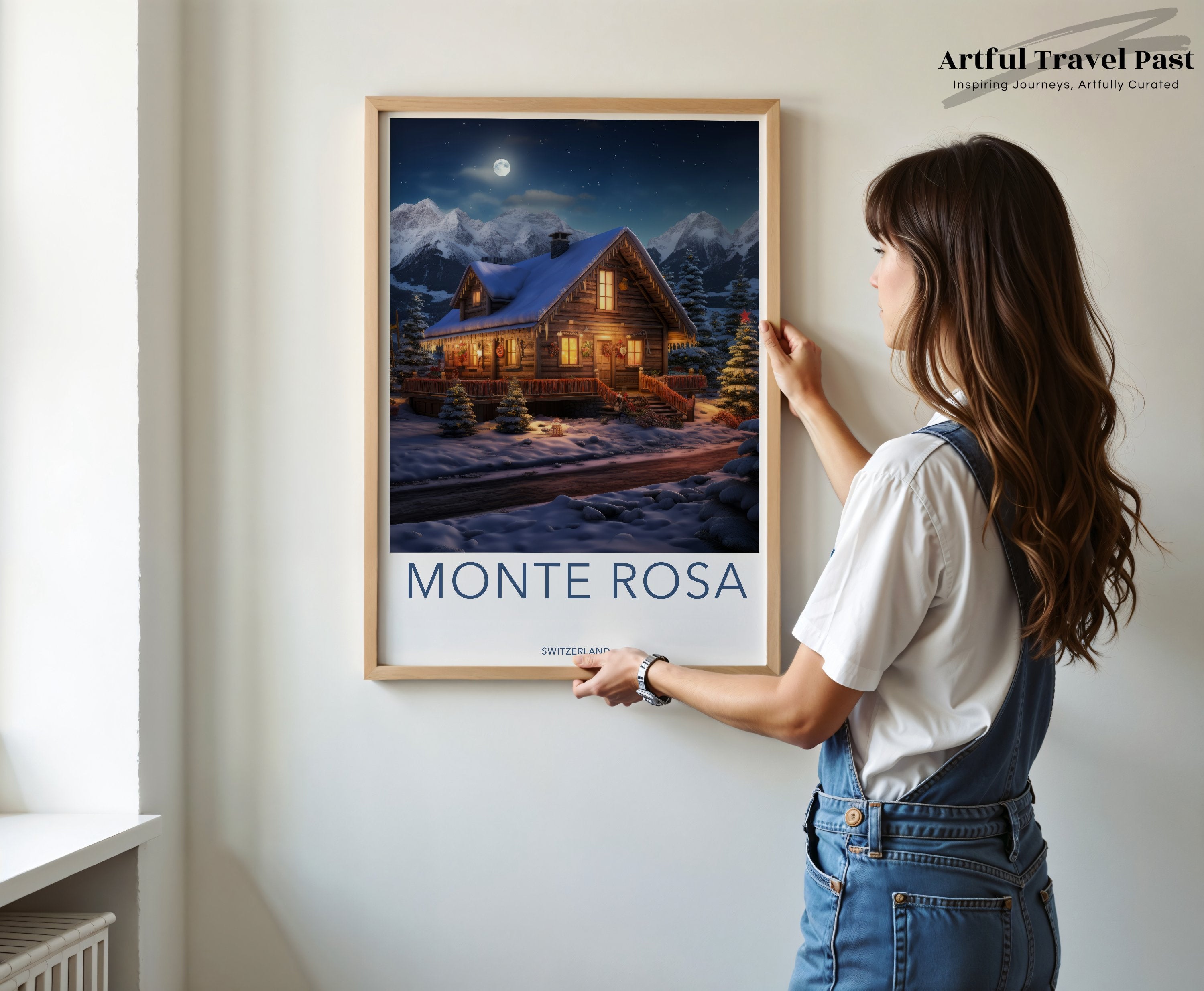 Monte Rosa Wall Art, Swiss Alpine Cottage Night Art Print, Winter Wonderland Mountain Landscape, Moonlit Night Wall Décor