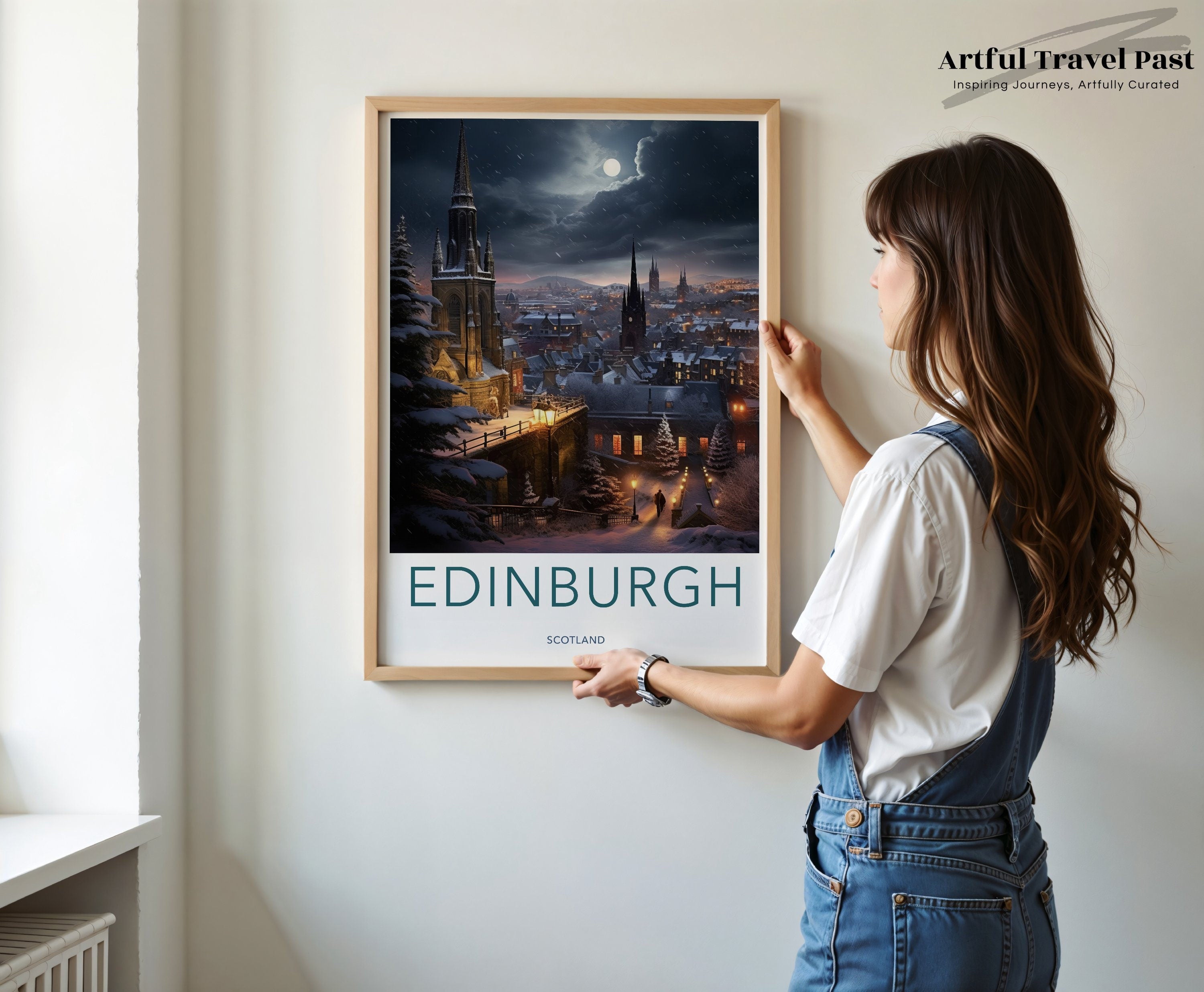 Edinburgh Night Skyline Wall Art, Scottish Cityscape Poster, Winter Moonlit Scene, Historic Architecture, Scenic Landscape Print