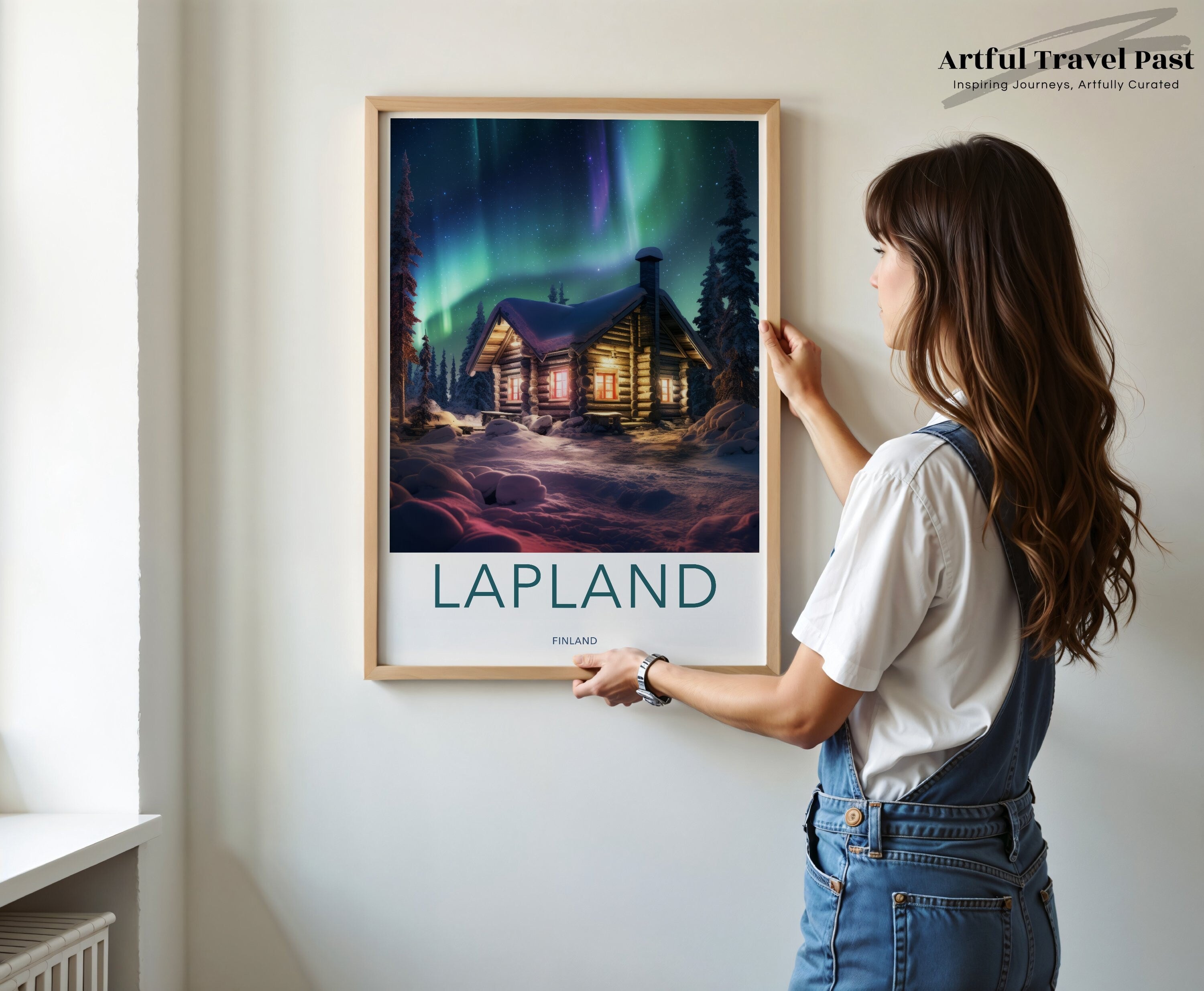 Northern Lights Over Lapland Wall Art, Cozy Cabin in Snowy Forest, Winter Wonderland, Tranquil Scandinavian Decor, Aurora Borealis Print