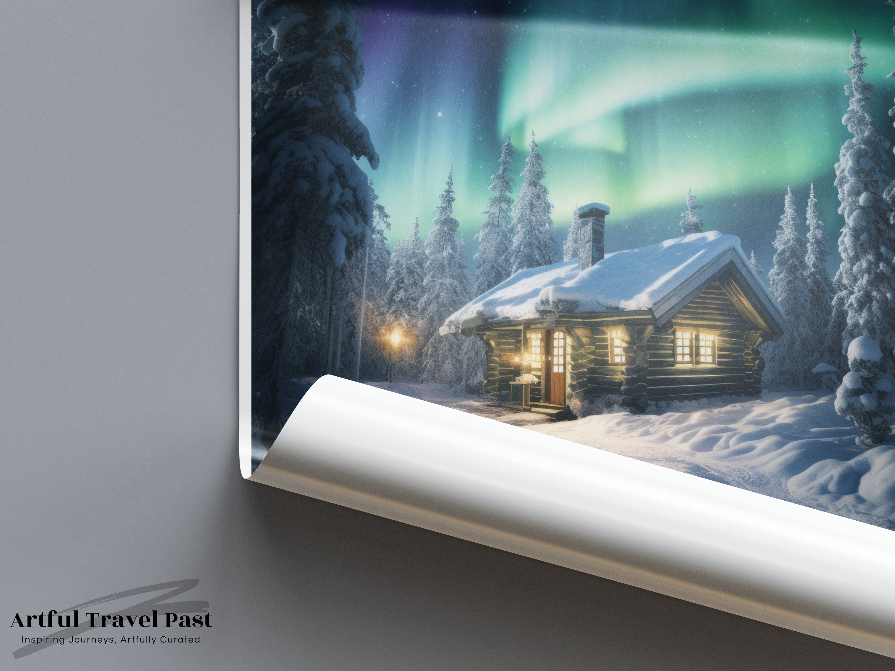 Lapland Finland Aurora Borealis Winter Wonderland Night Sky Scenic Wall Art, Cozy Cabin in Snowy Forest, Northern Lights