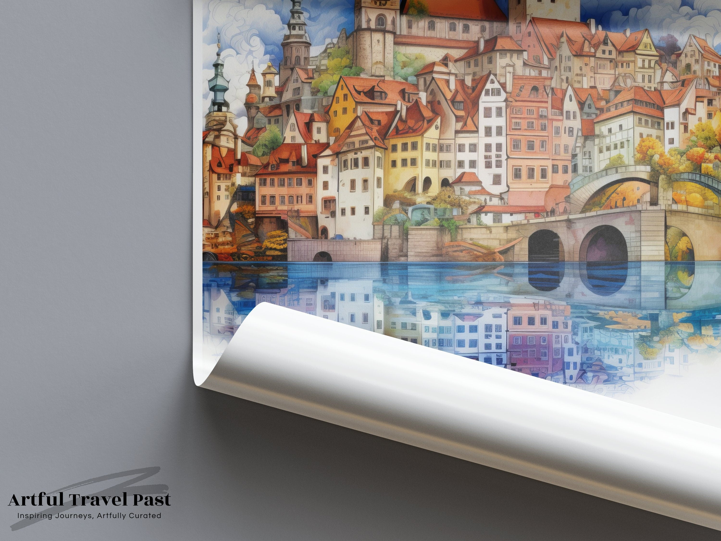 Cesky Krumlov Wall Art, Czech Republic Cityscape Poster, Historic European Town Illustration, Travel Decor, Architecture Print