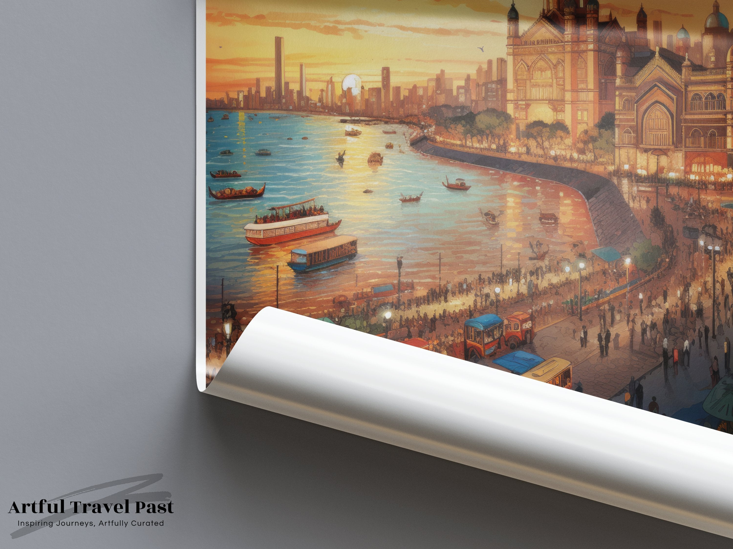 Mumbai Wall Art, Cityscape Print, Coastal Sunset Poster, Architectural Landmark Artwork, India Travel Decor, Vibrant Urban Scenery