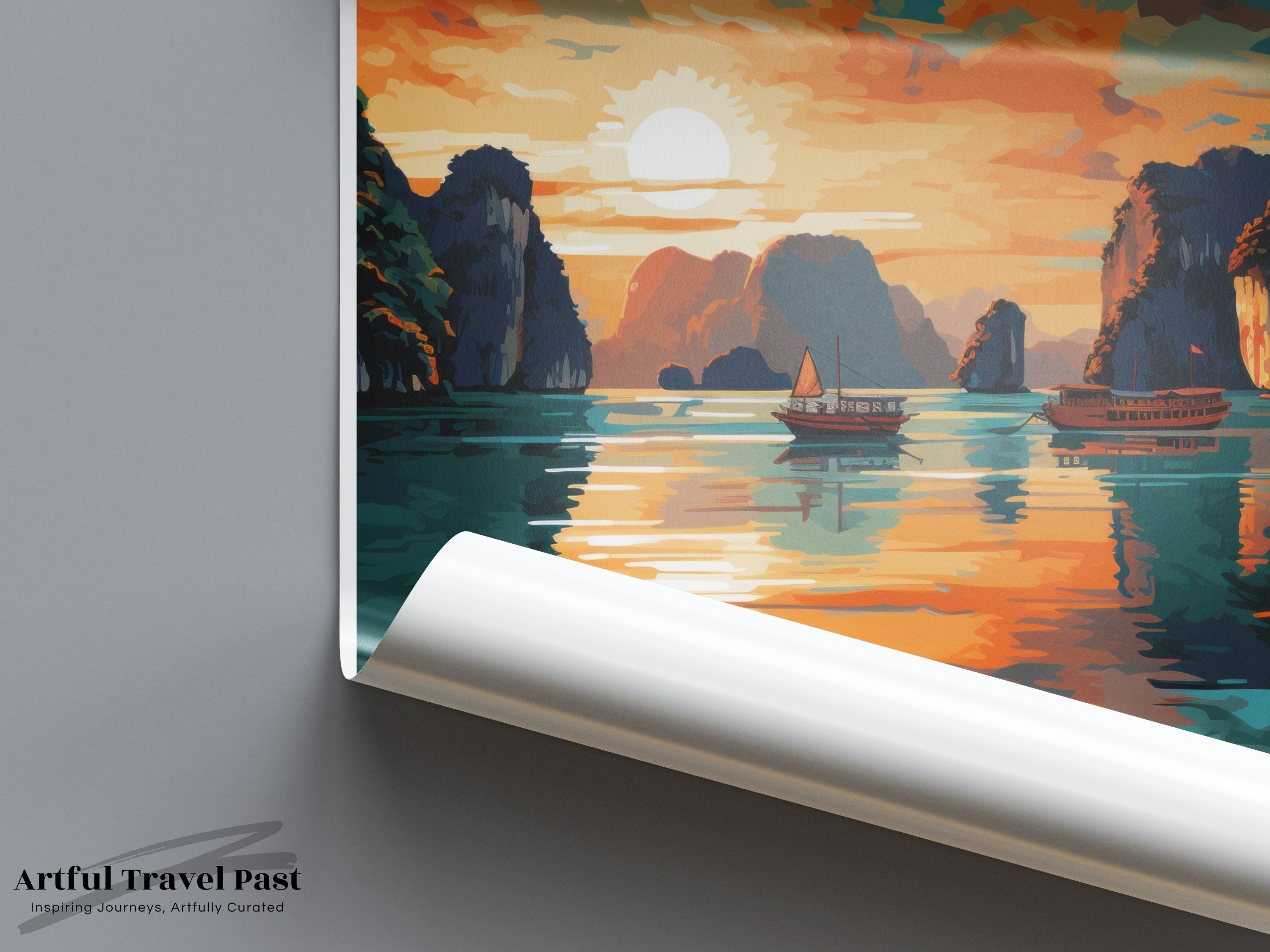 Ha Long Bay Wall Art, Vietnam Sunset Scenic Decor, Stunning Seascape, Coastal Art Print, Vibrant Landscape, Travel Poster