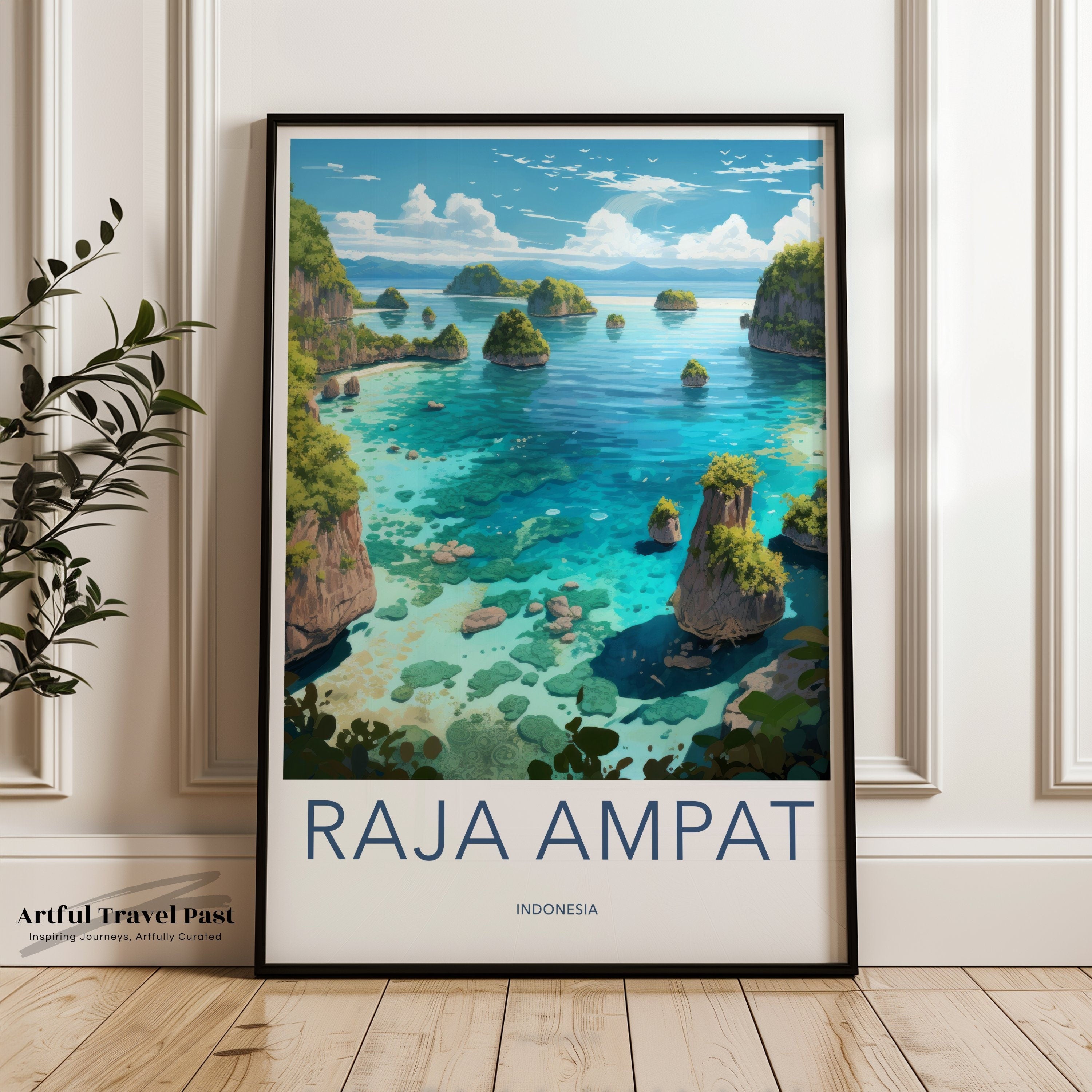 Raja Ampat Wall Art Print, Indonesia Coastal Landscape, Home Decor, Ocean View Poster, Tropical Island Artwork, Seascape Illustration