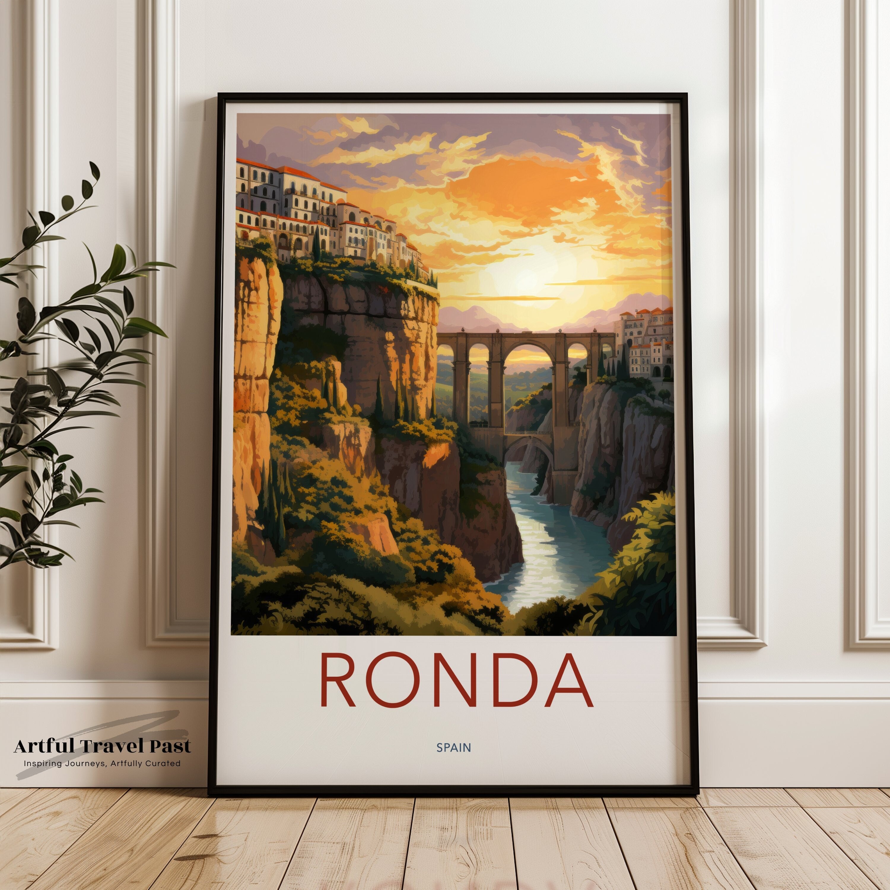 Ronda Wall Art, Spain Travel Poster, Sunset Landscape Print, Spanish Town Decor, Bridge Artwork, Scenic View, Historical Artwork