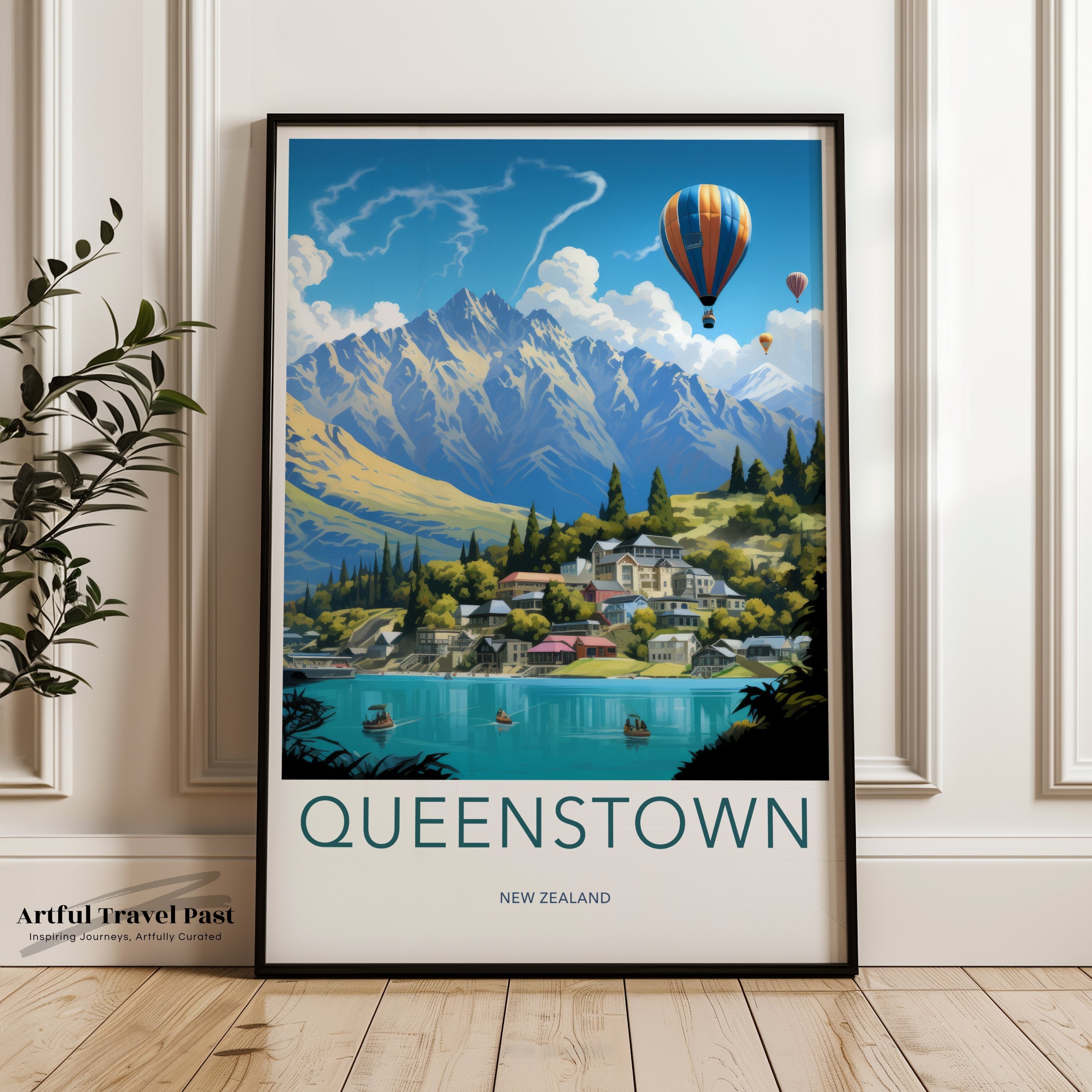 QUEENSTOWN New Zealand Travel Poster, Scenic Mountain View Art, Hot Air Balloons, Lake Landscape, Nature Wall Decor, Home Gift