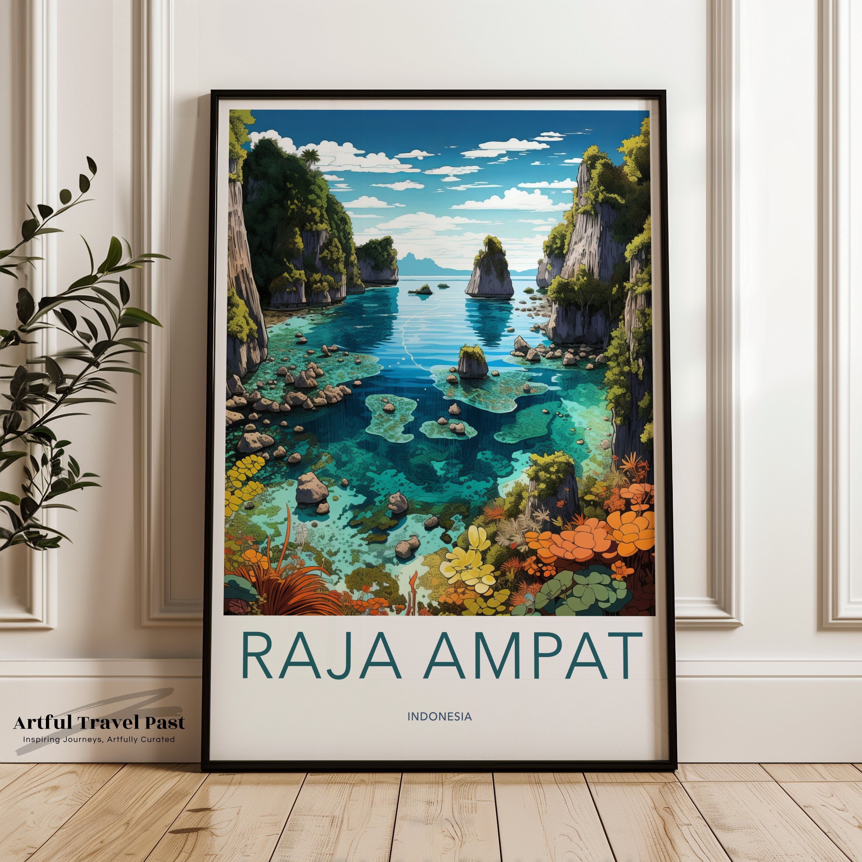 Stunning Raja Ampat Wall Art, Indonesia Coastal Landscape, Vibrant Nature Illustration, Tropical Island Decor, Travel-Inspired Print