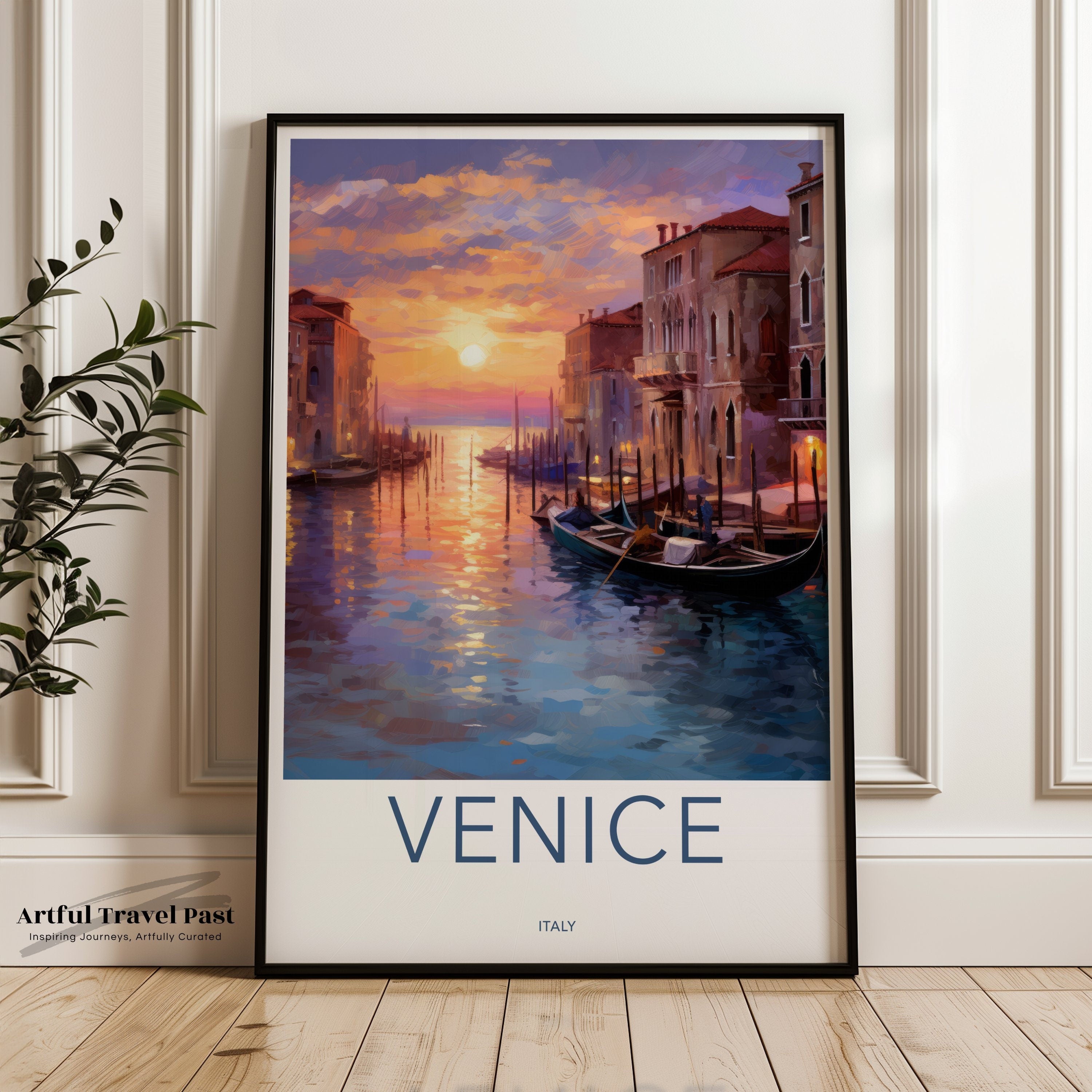 Venice sunset wall art, Italy cityscape painting, Venetian canal artwork, romantic travel home decor, colorful evening sky print