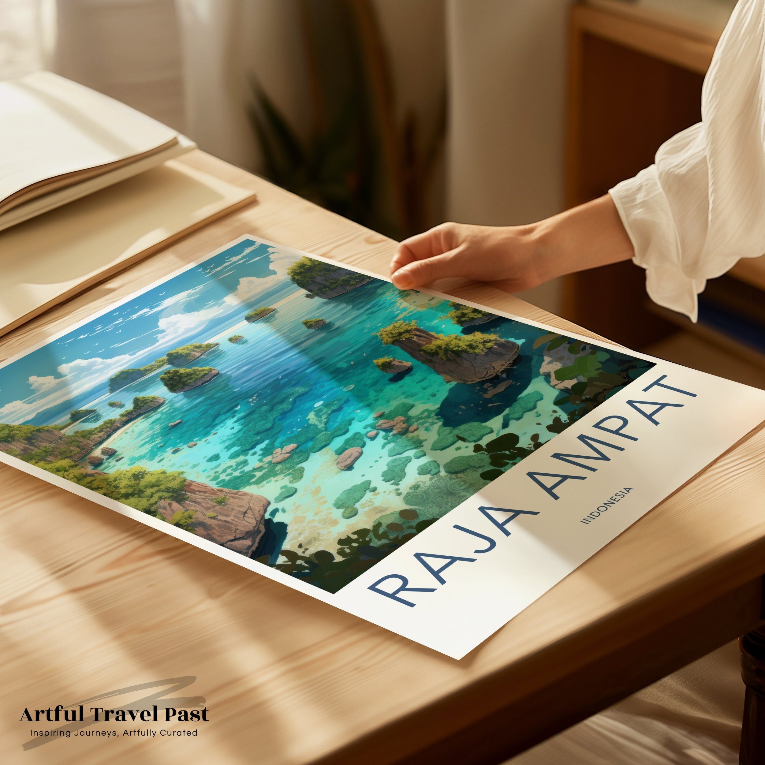 Raja Ampat Wall Art Print, Indonesia Coastal Landscape, Home Decor, Ocean View Poster, Tropical Island Artwork, Seascape Illustration