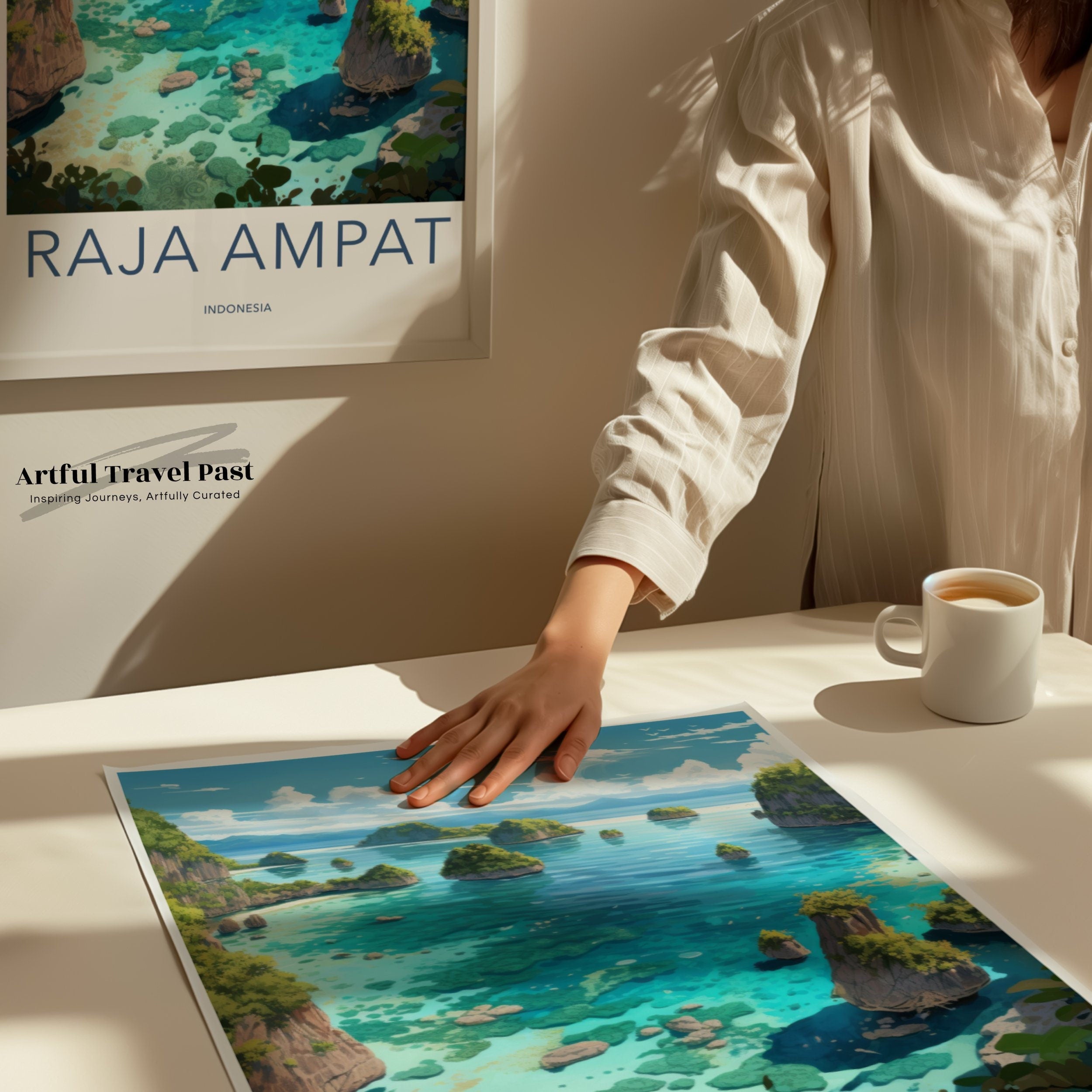 Raja Ampat Wall Art Print, Indonesia Coastal Landscape, Home Decor, Ocean View Poster, Tropical Island Artwork, Seascape Illustration