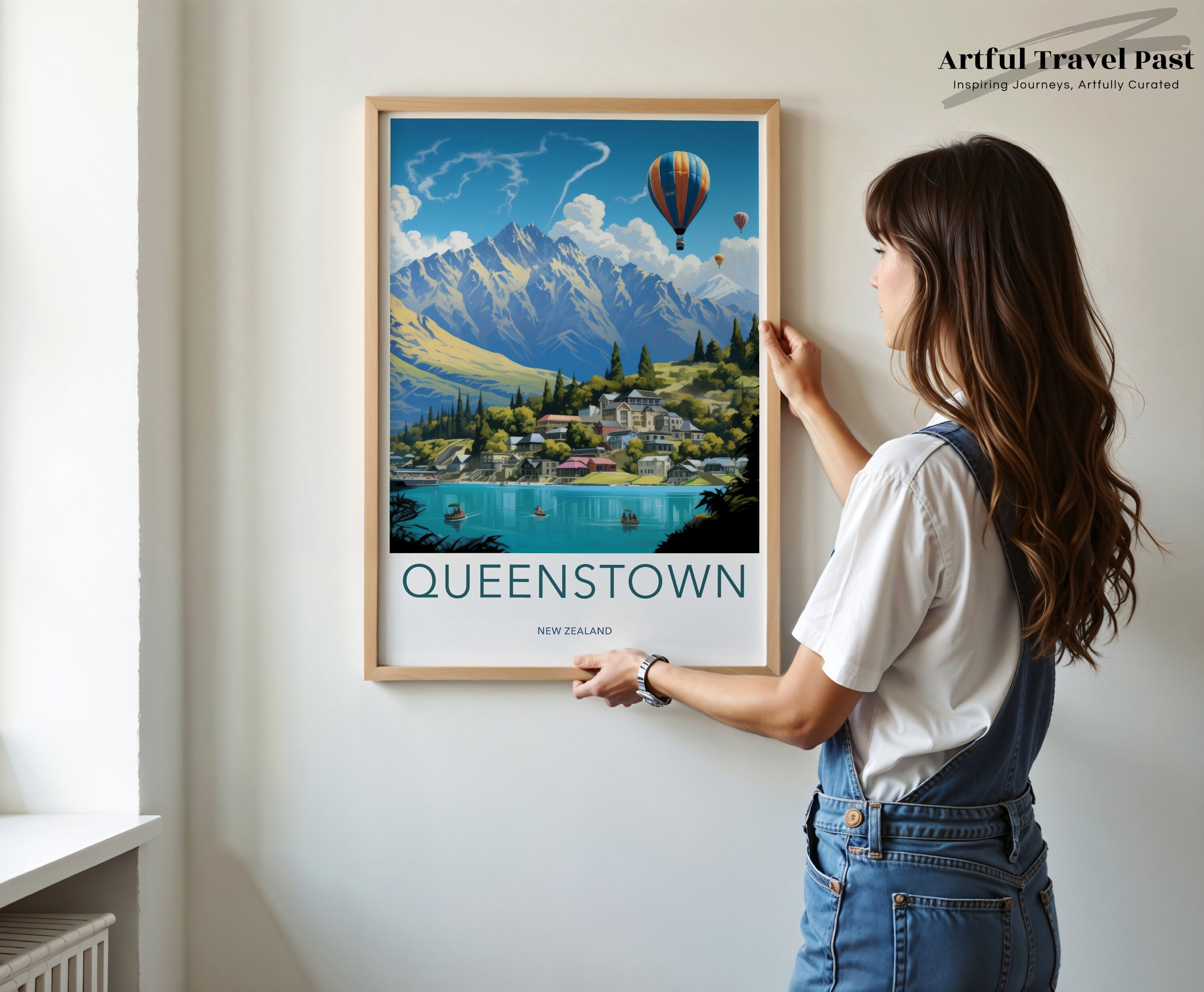 QUEENSTOWN New Zealand Travel Poster, Scenic Mountain View Art, Hot Air Balloons, Lake Landscape, Nature Wall Decor, Home Gift