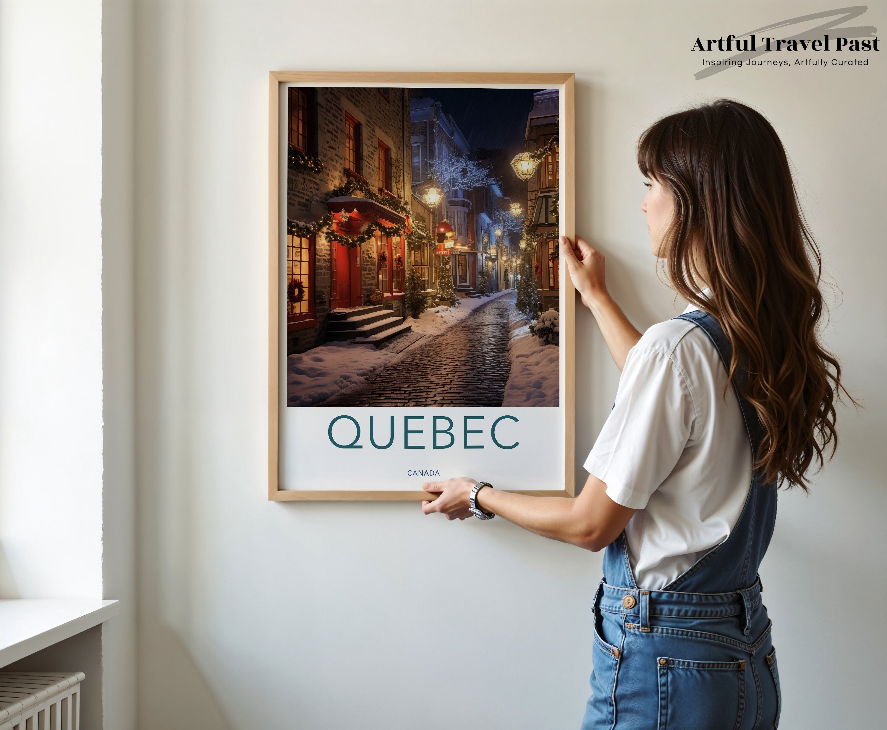 Quebec Wall Art, Historic City Street at Night, Christmas Decor, Holiday Season Print, Winter Scene, Canadian Heritage, Home Decor