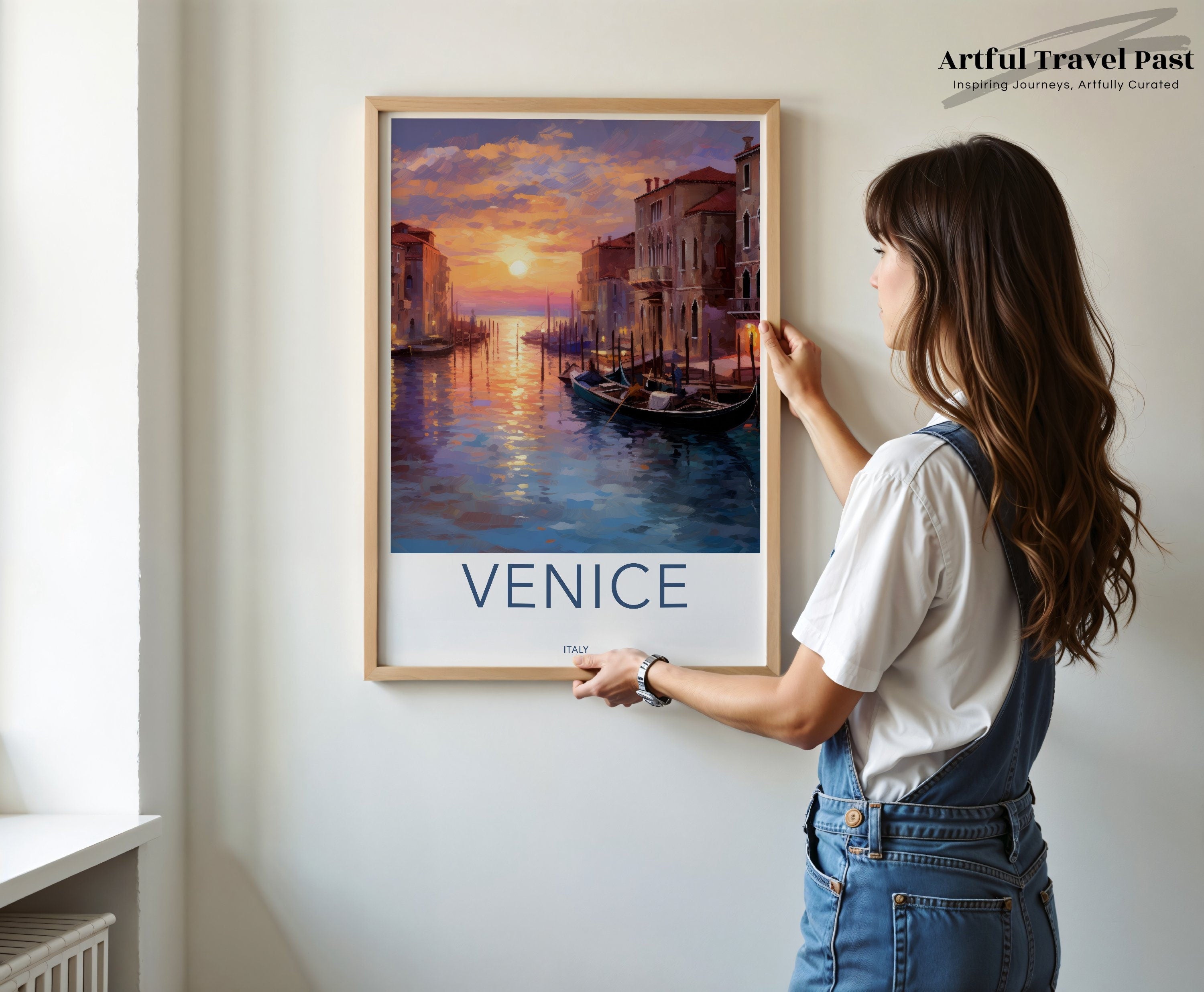 Venice sunset wall art, Italy cityscape painting, Venetian canal artwork, romantic travel home decor, colorful evening sky print