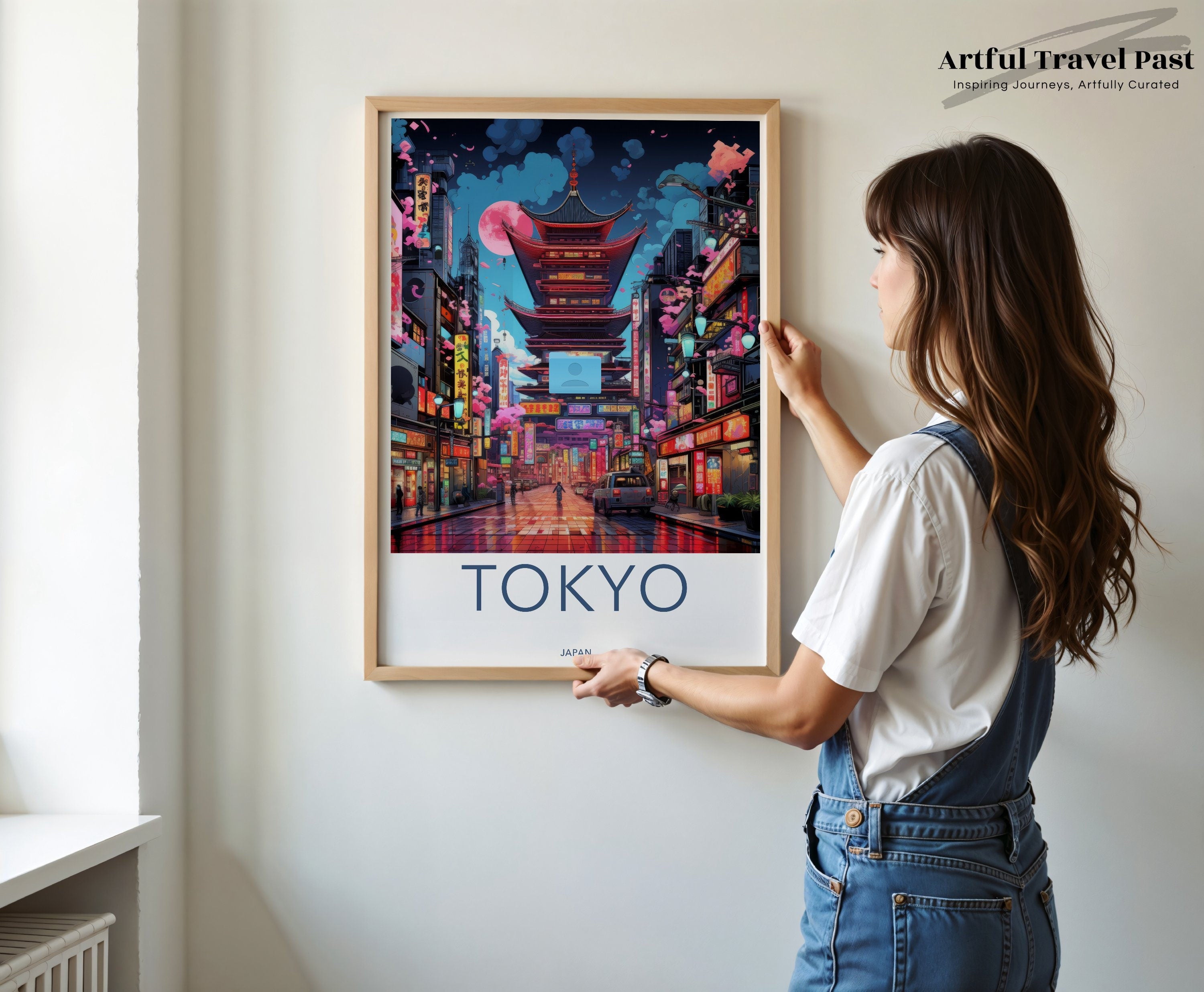 Tokyo Wall Art, Japan Street Scene Print, Pagoda and Neon Lights Poster, Japanese Urban Landscape, City Night View Decor