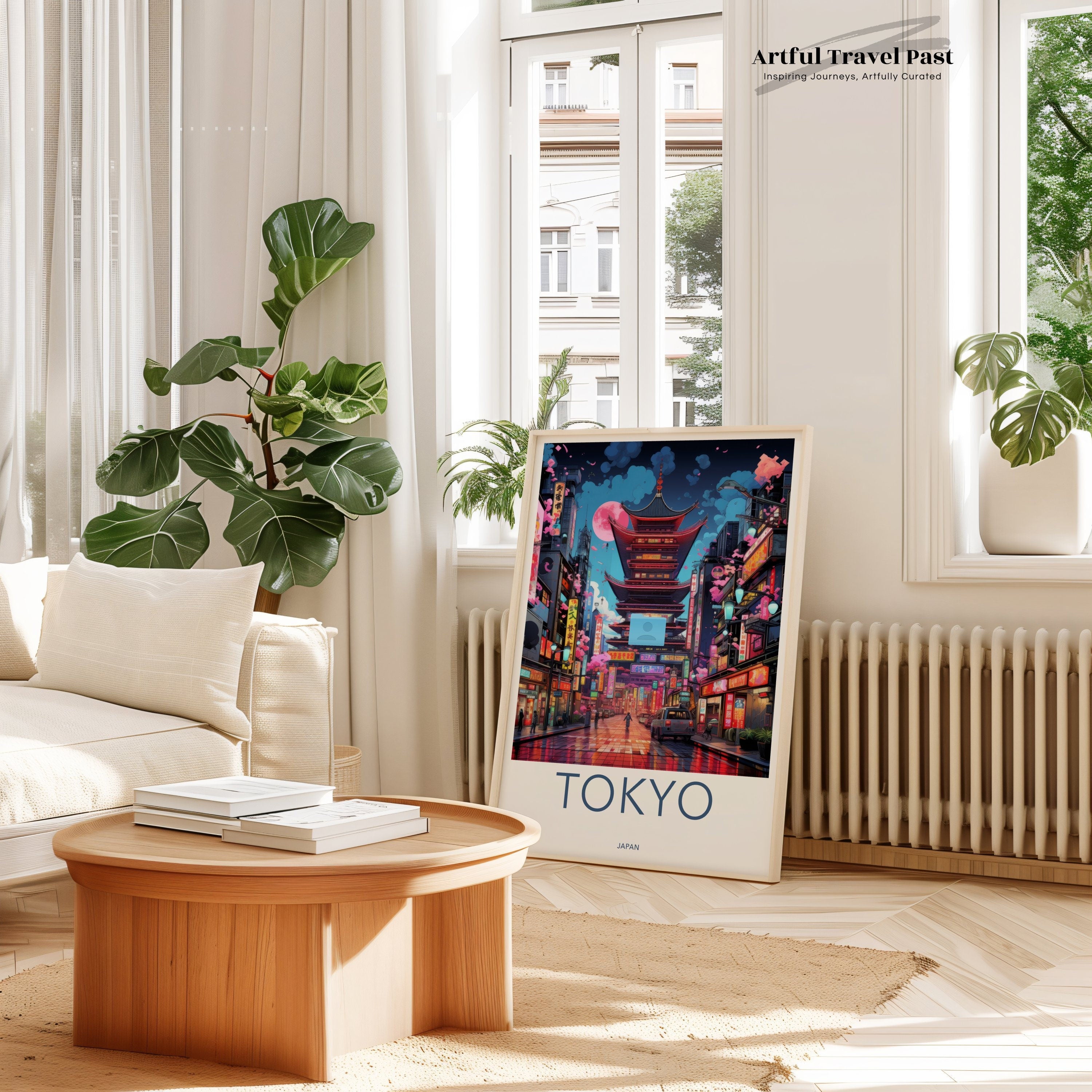 Tokyo Wall Art, Japan Street Scene Print, Pagoda and Neon Lights Poster, Japanese Urban Landscape, City Night View Decor