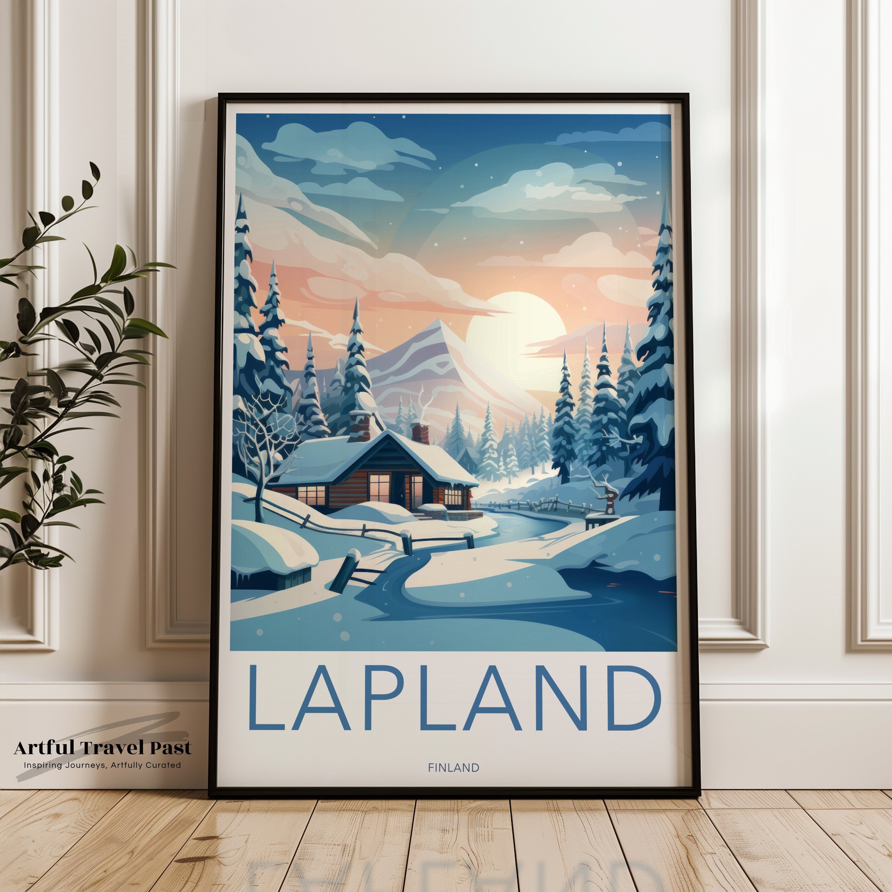 Lapland Winter Wonderland Wall Art, Scandinavian Landscape Poster, Finnish Snowy Cabin Illustration, Nordic Home Decor