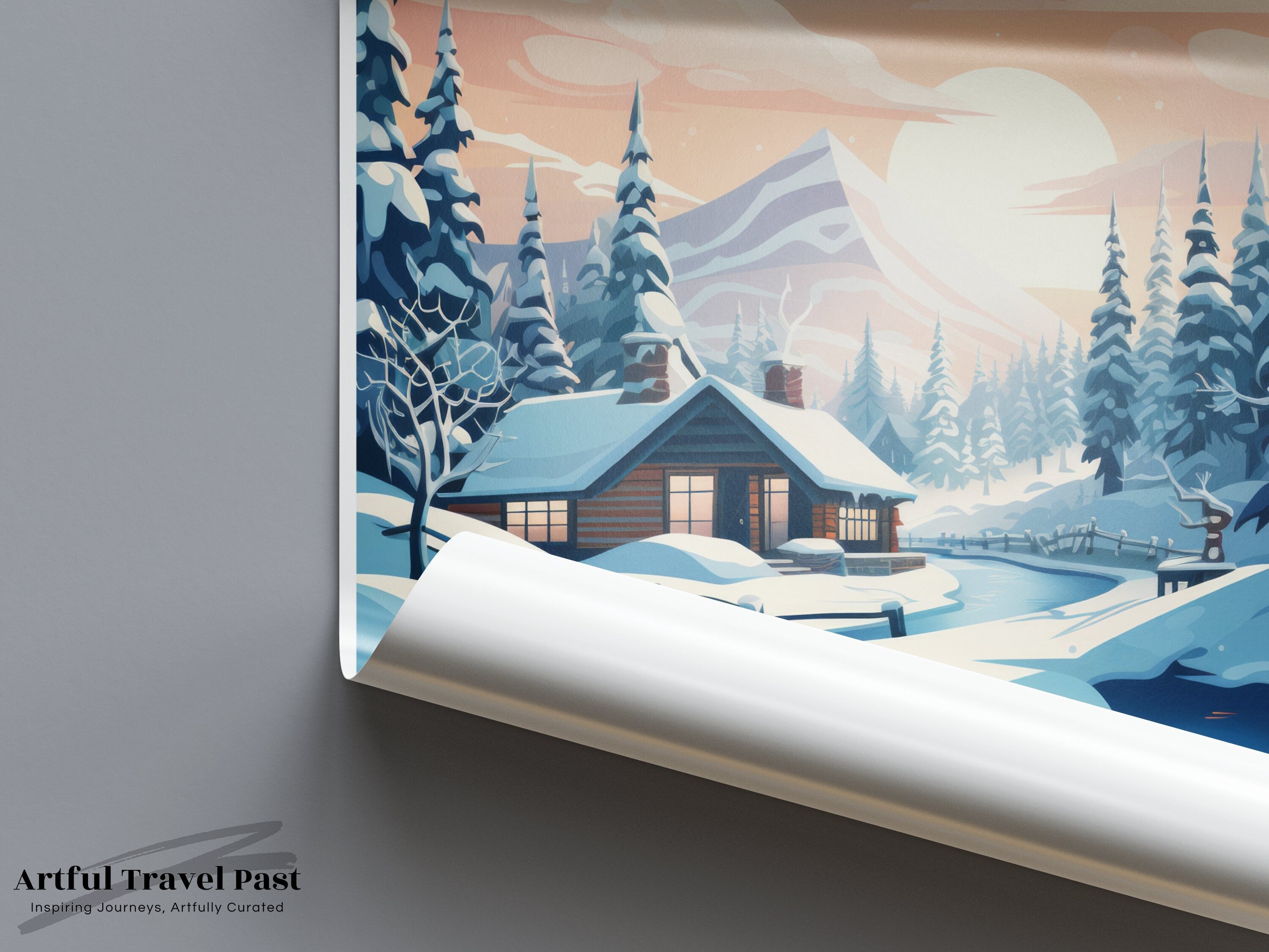 Lapland Winter Wonderland Wall Art, Scandinavian Landscape Poster, Finnish Snowy Cabin Illustration, Nordic Home Decor