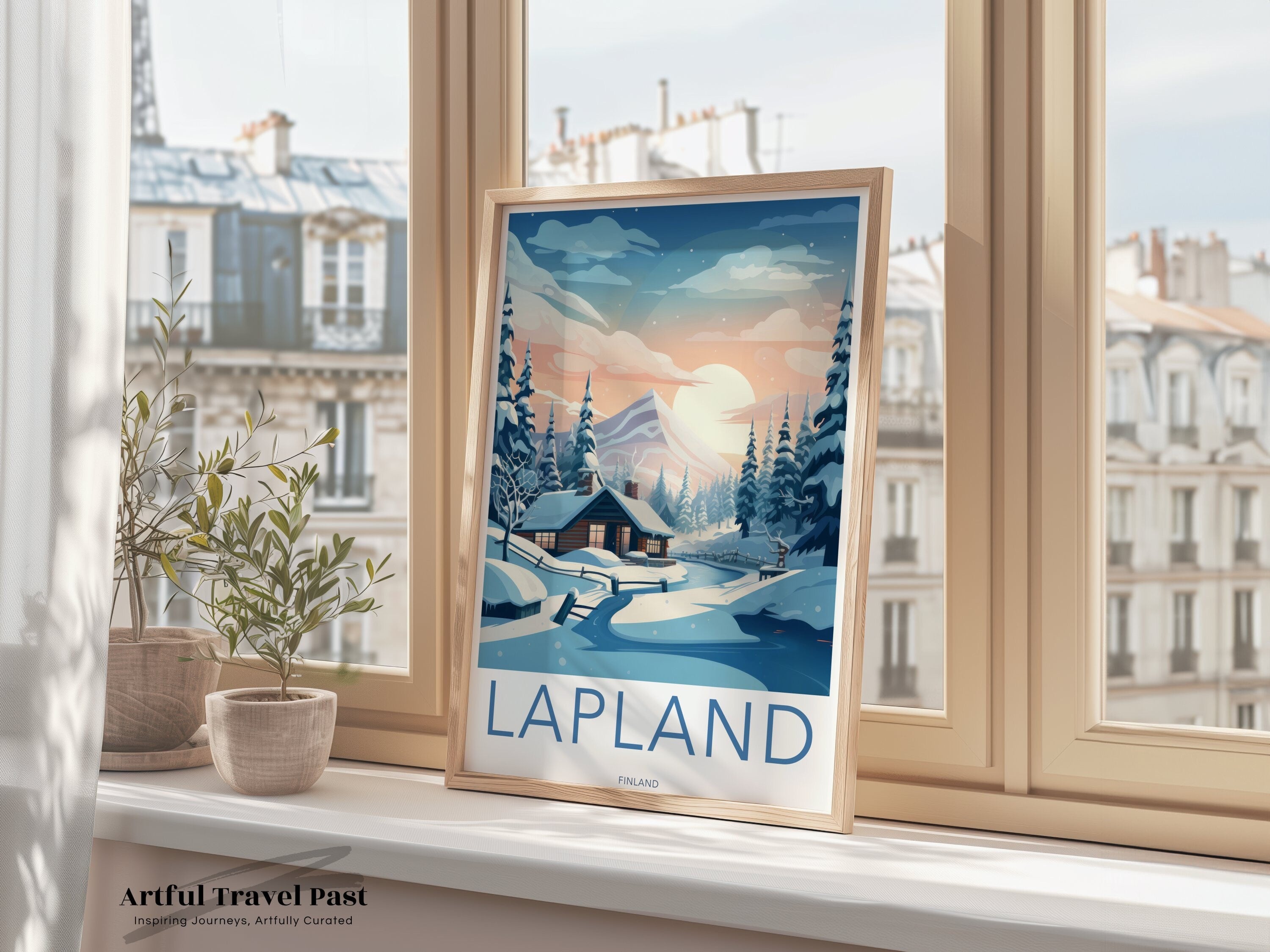 Lapland Winter Wonderland Wall Art, Scandinavian Landscape Poster, Finnish Snowy Cabin Illustration, Nordic Home Decor