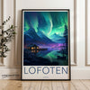 Lofoten Norway Wall Art, Northern Lights Landscape, Mountain and Lake Night View, Nature Scenery Art Print, Travel Poster Decor