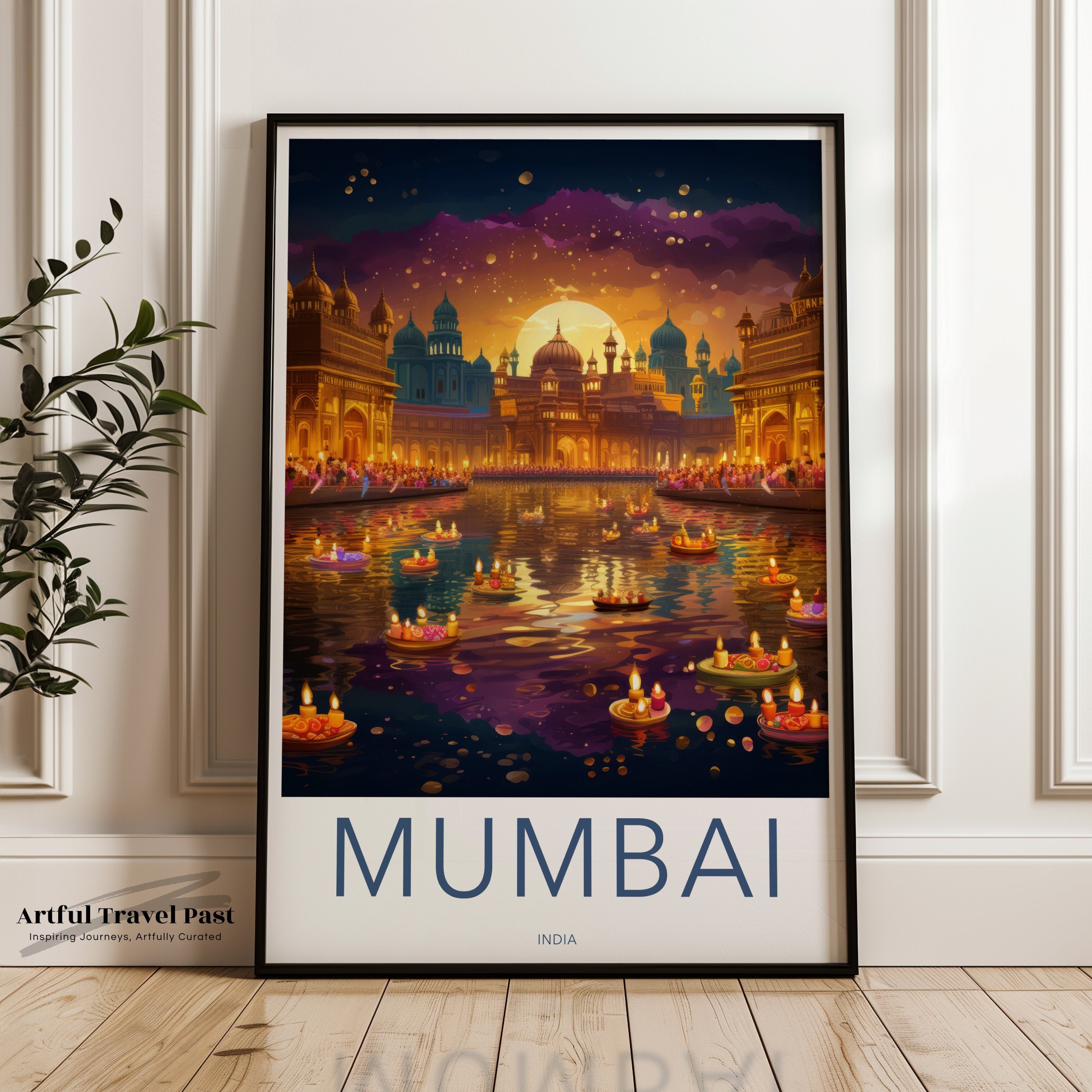 Mumbai Wall Art Print, Night Scene Illustration, Indian Cityscape, Cultural Landmarks, Illuminated Waterfront Decor, Travel Artwork