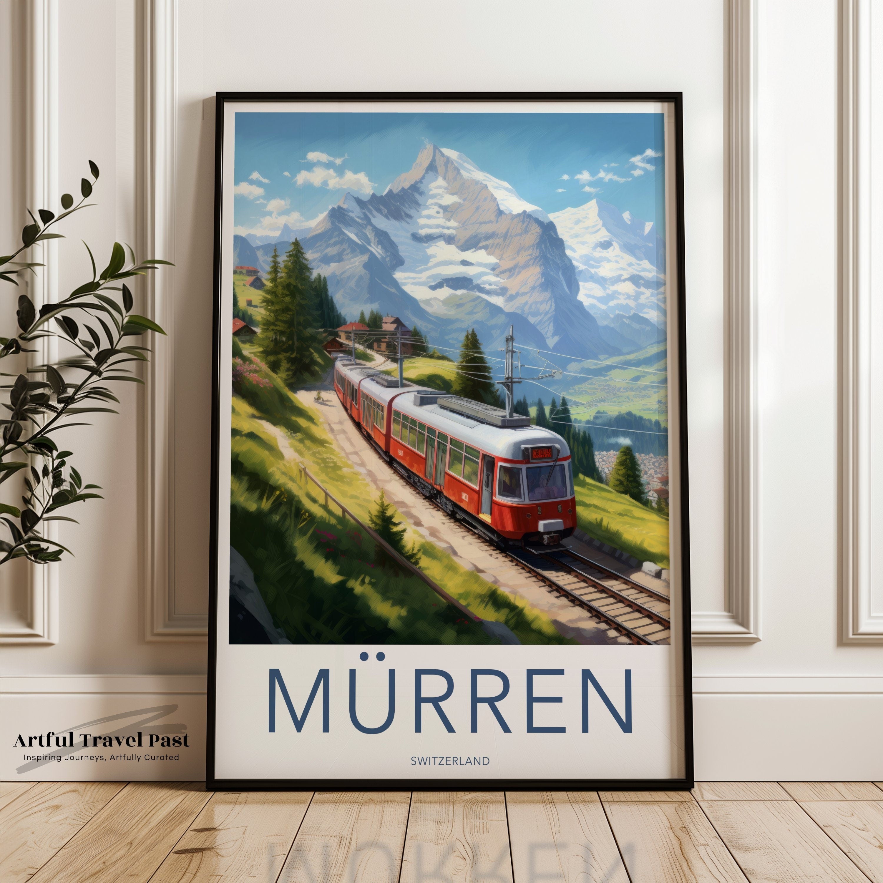 Mürren Switzerland Vintage Travel Poster, Mountain Train Wall Art, Scenic Swiss Alps, Retro Railway Decor, Alpine Landscape Print