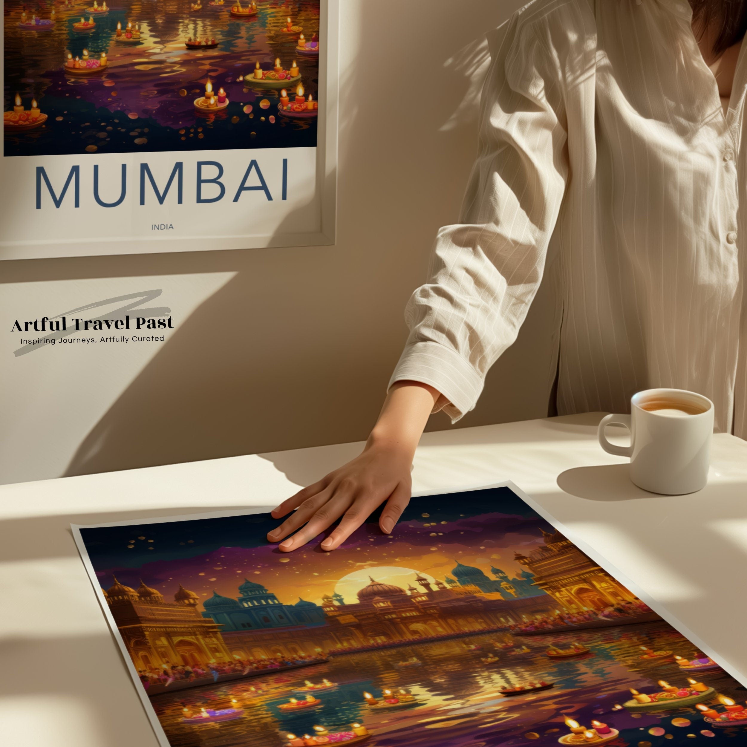 Mumbai Wall Art Print, Night Scene Illustration, Indian Cityscape, Cultural Landmarks, Illuminated Waterfront Decor, Travel Artwork