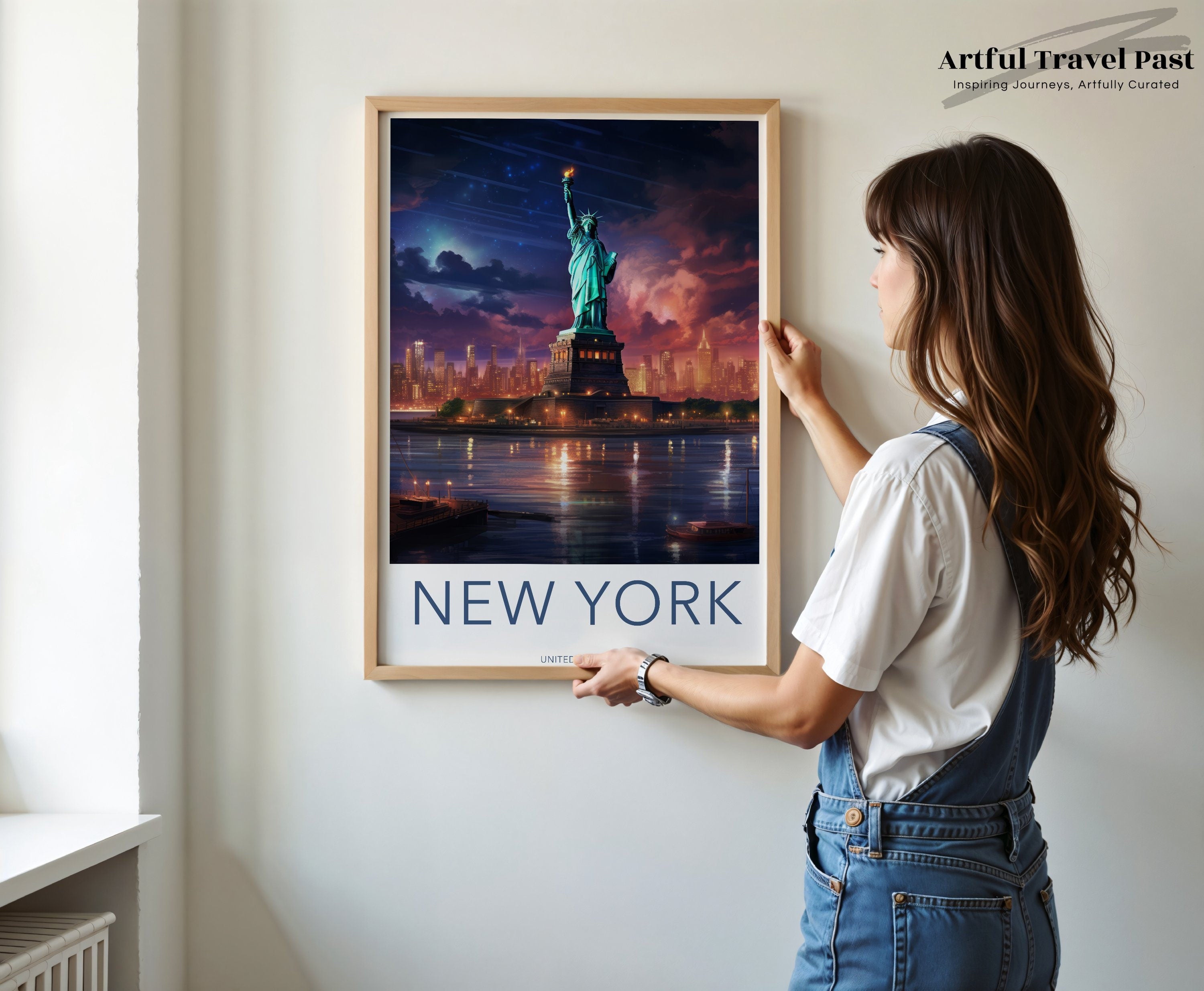 New York City Skyline Wall Art, Statue of Liberty, Cityscape Night View, Iconic Landmark Art Print, Home Décor