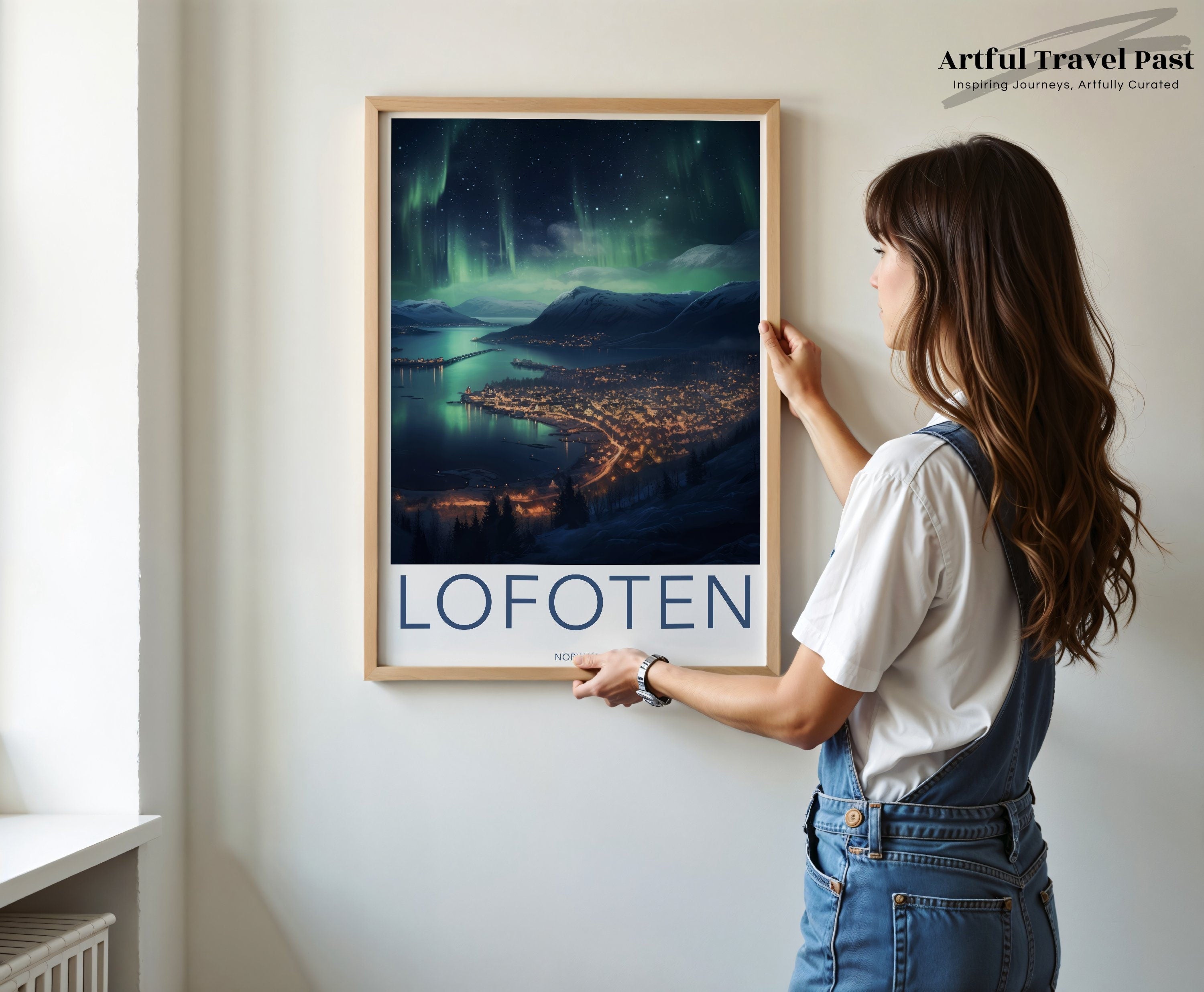 Lofoten Norway Northern Lights Over Mountainous Landscape Night Scene Wall Art Print Home Decor Travel Poster Gift