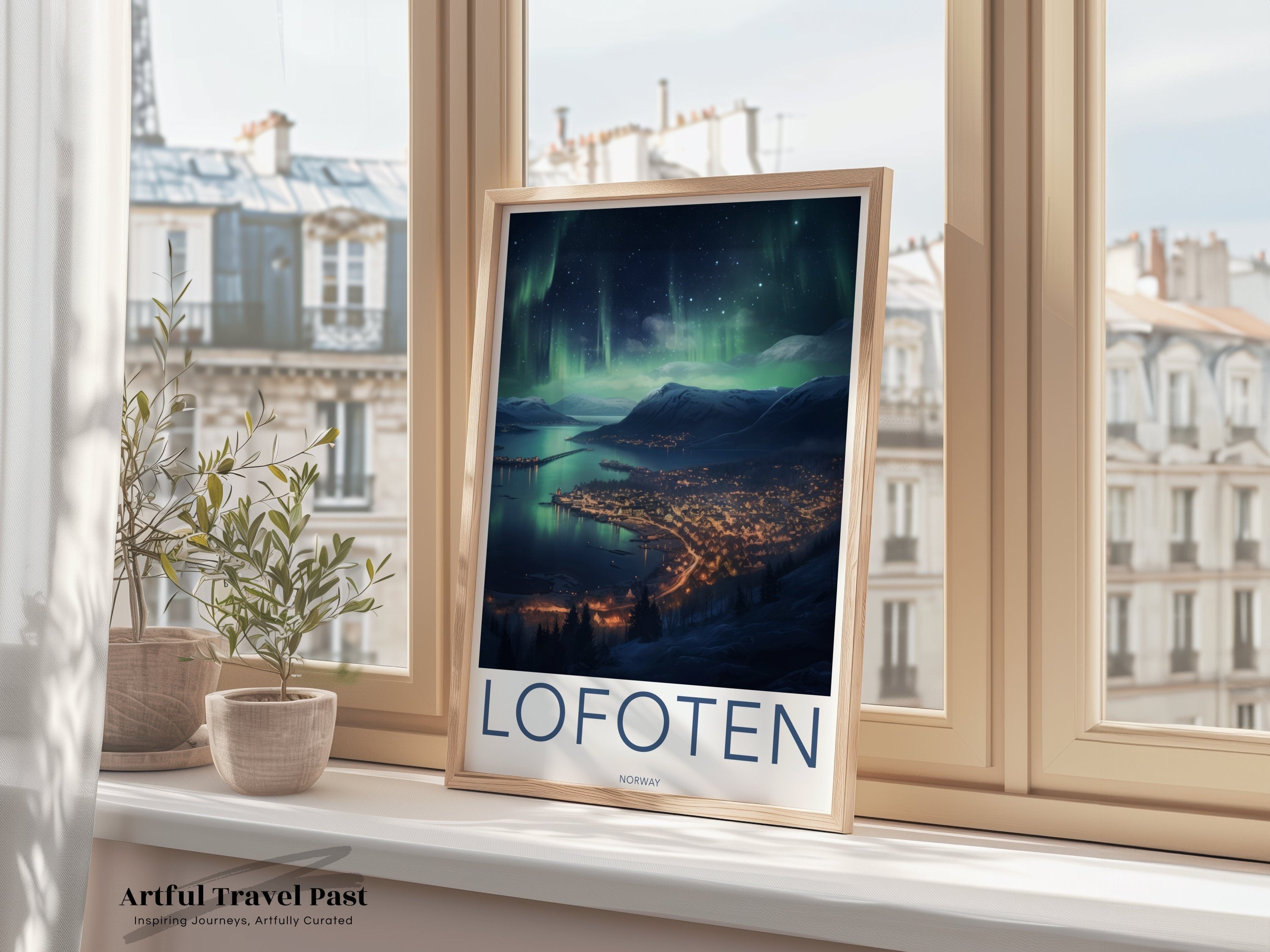 Lofoten Norway Northern Lights Over Mountainous Landscape Night Scene Wall Art Print Home Decor Travel Poster Gift