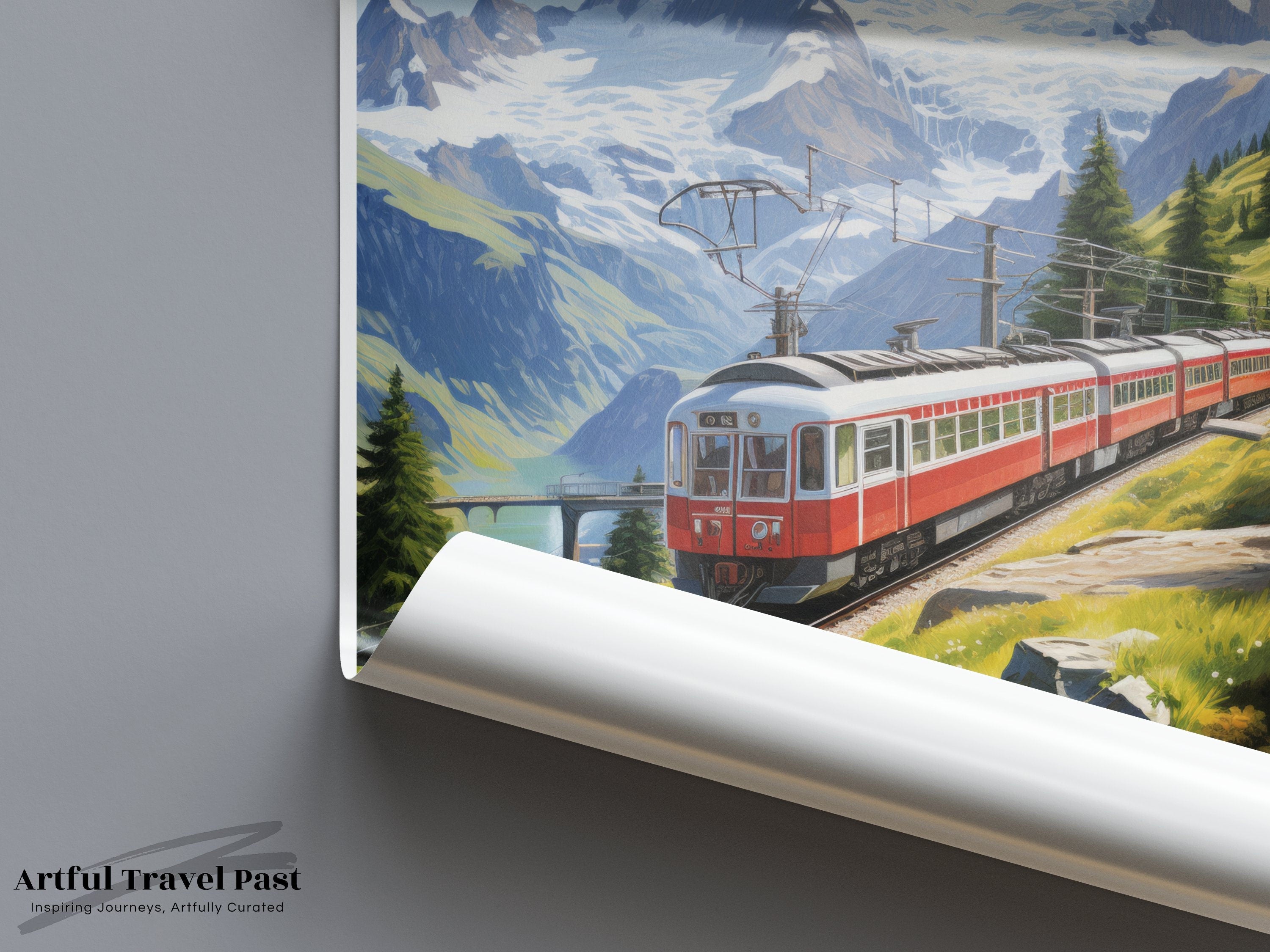 Mürren Switzerland Train Wall Art Print, Alpine Scenic Poster, Swiss Mountain Landscape, Travel Decor, Vintage Railway Artwork