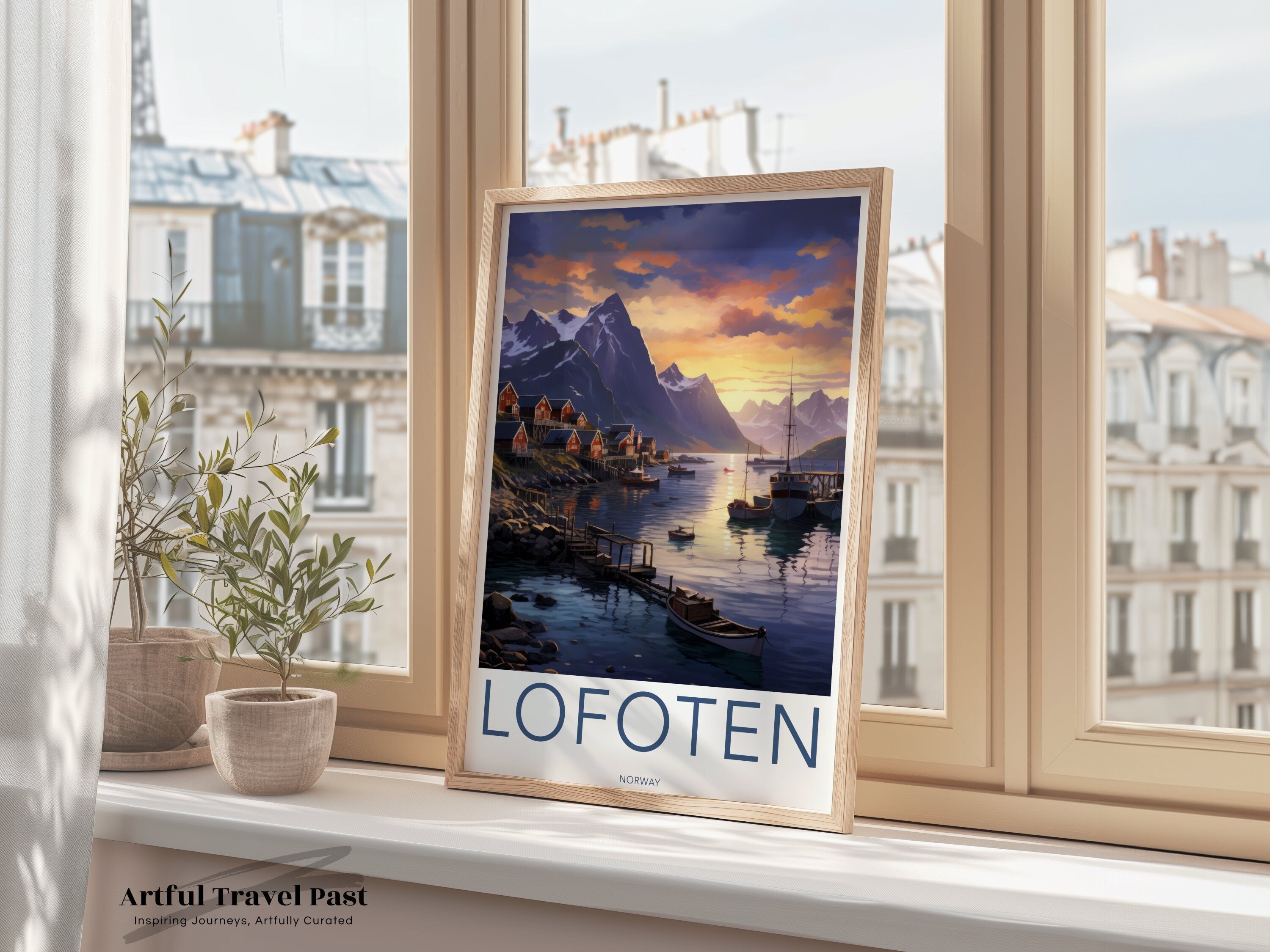 Lofoten Norway Wall Art, Scandinavian Coastal Village Print, Nordic Seascape, Beautiful Sunset, Mountain and Ocean Scene