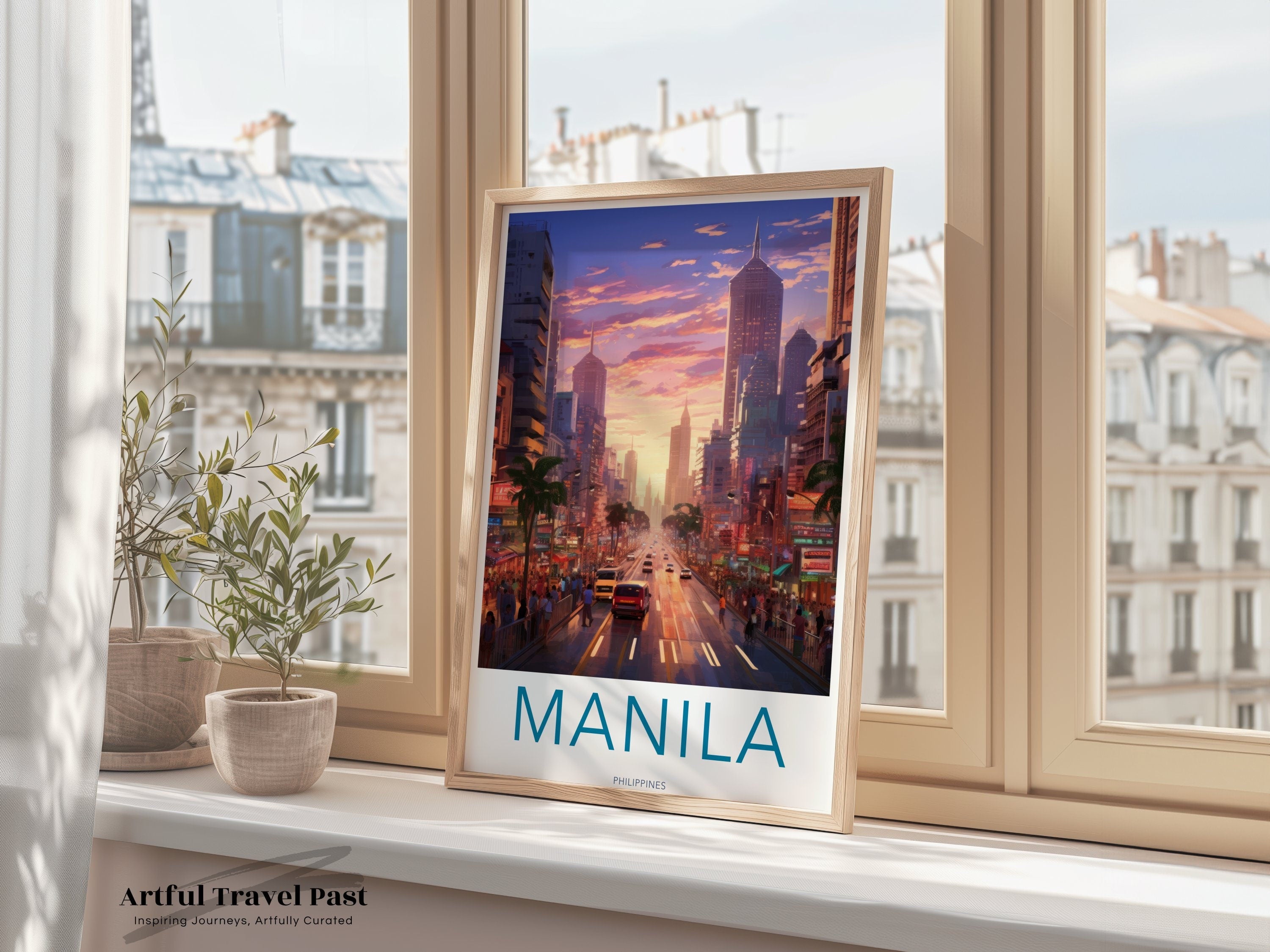 Manila Cityscape Art Print, Vibrant Sunset Skyline, Urban Philippines Wall Decor, Modern City Architecture, Colorful Street Scene