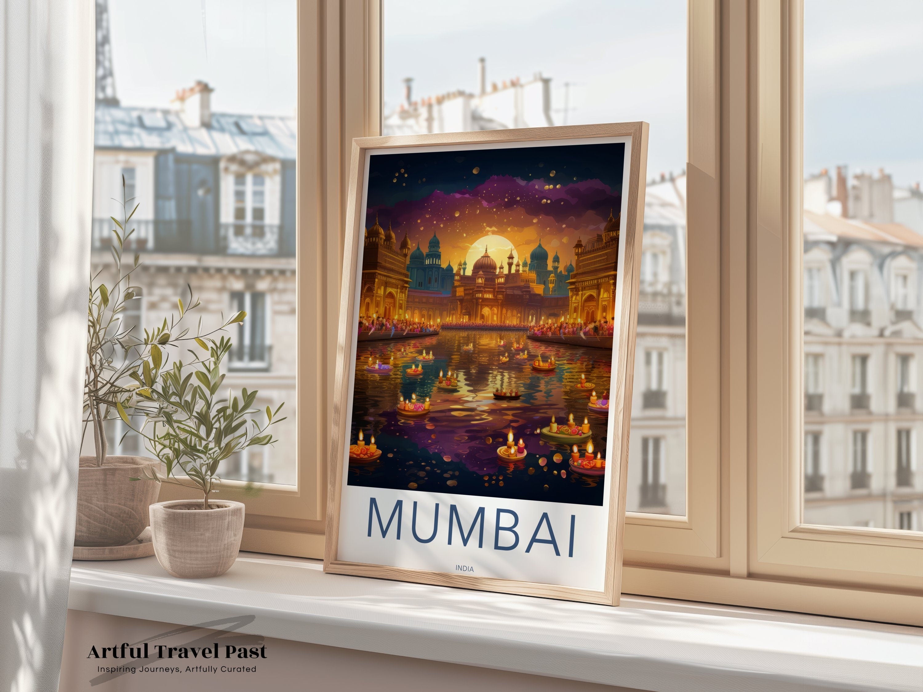 Mumbai Wall Art Print, Night Scene Illustration, Indian Cityscape, Cultural Landmarks, Illuminated Waterfront Decor, Travel Artwork