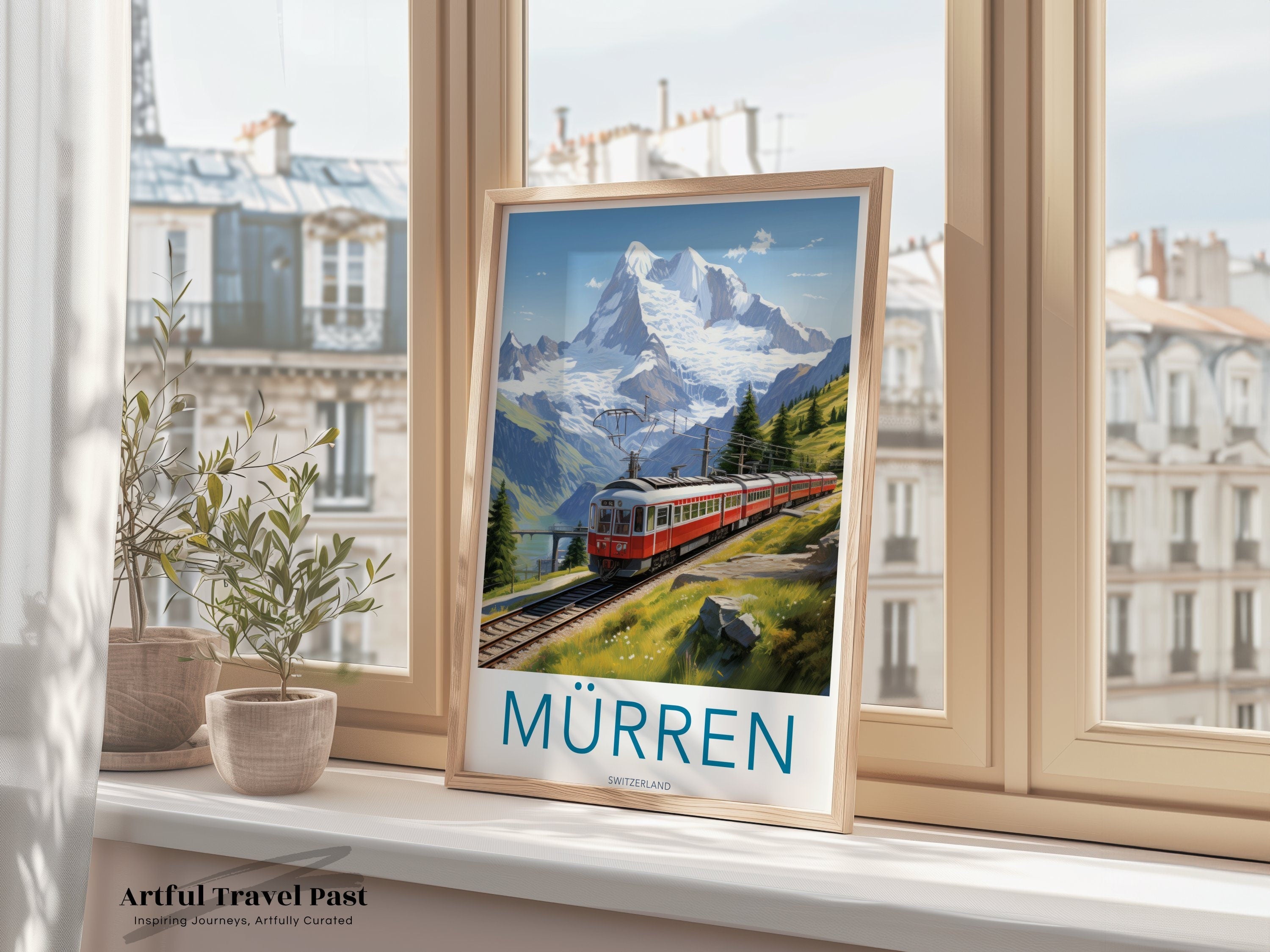 Mürren Switzerland Train Wall Art Print, Alpine Scenic Poster, Swiss Mountain Landscape, Travel Decor, Vintage Railway Artwork