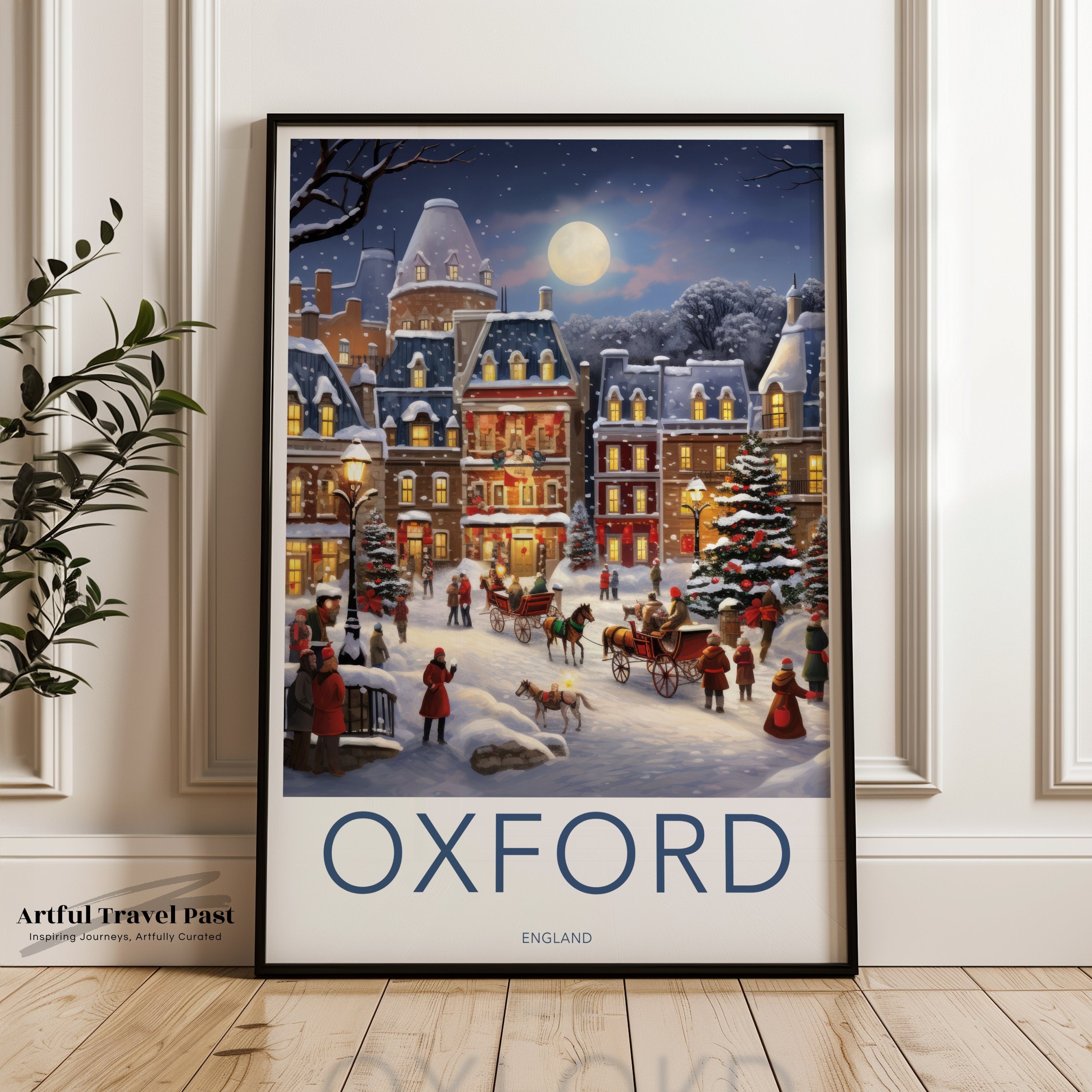 Oxford Winter Wonderland Wall Art, Christmas Night Scene Print, Snowy Evening Decor, Historic Architecture Illustration, Holiday Gift