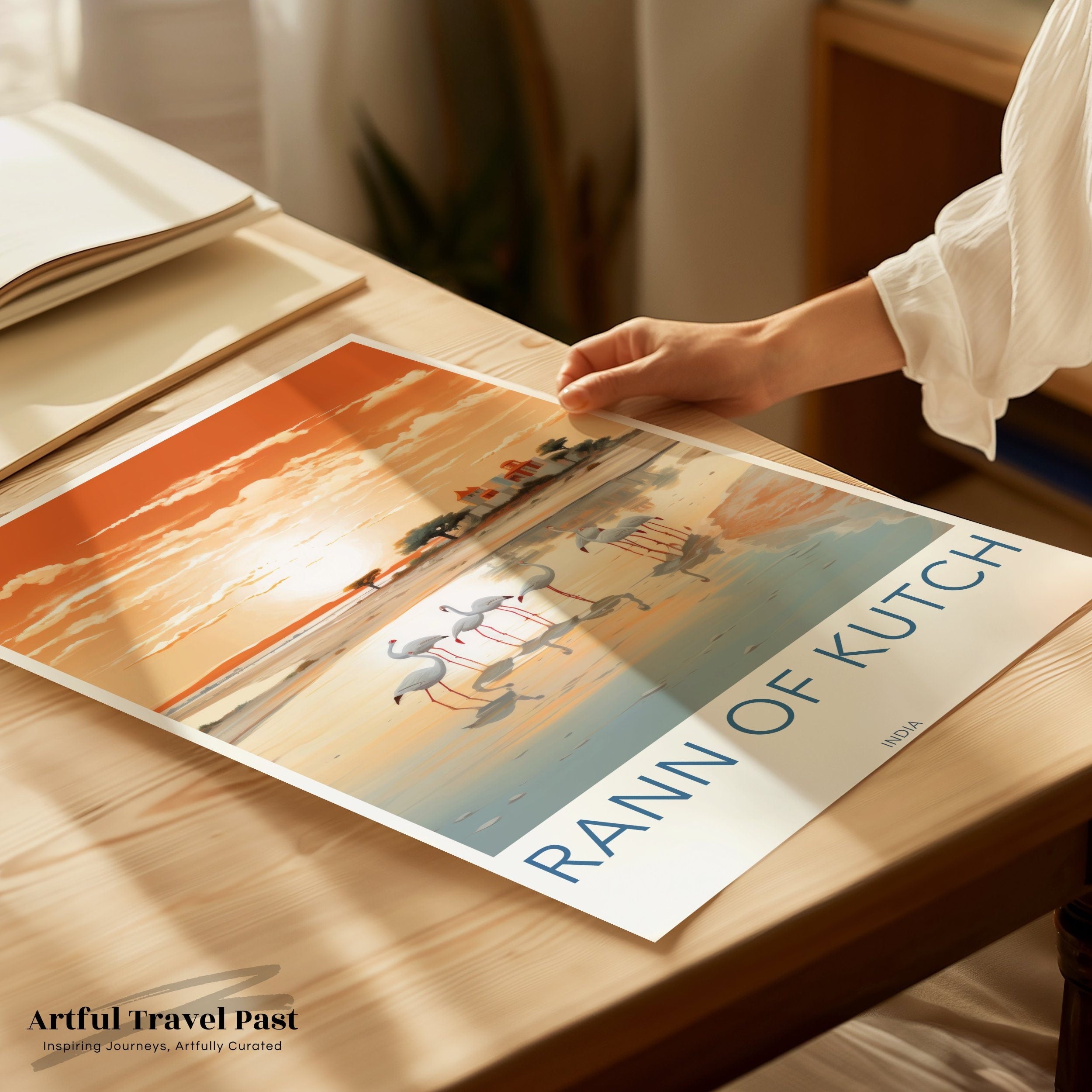 Rann of Kutch Poster, Stunning Wall Art, Serene Landscape, Flamingos at Sunset, Indian Decorative Print, Historical and Natural Beauty