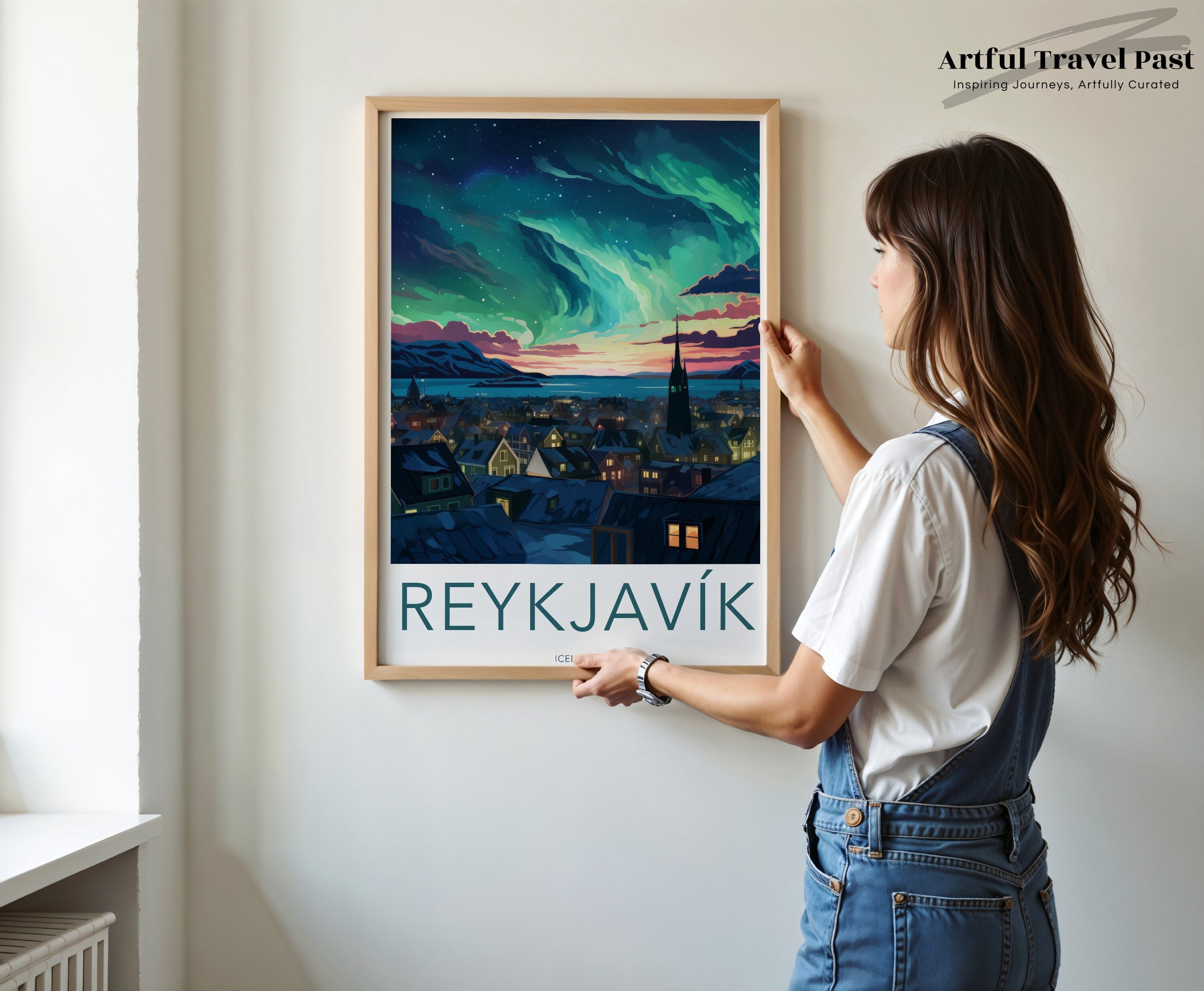 Reykjavik Wall Art, Iceland Night Sky, Aurora Borealis Poster, Scandinavian Landscape, Nordic Town Illustration, Home Decor