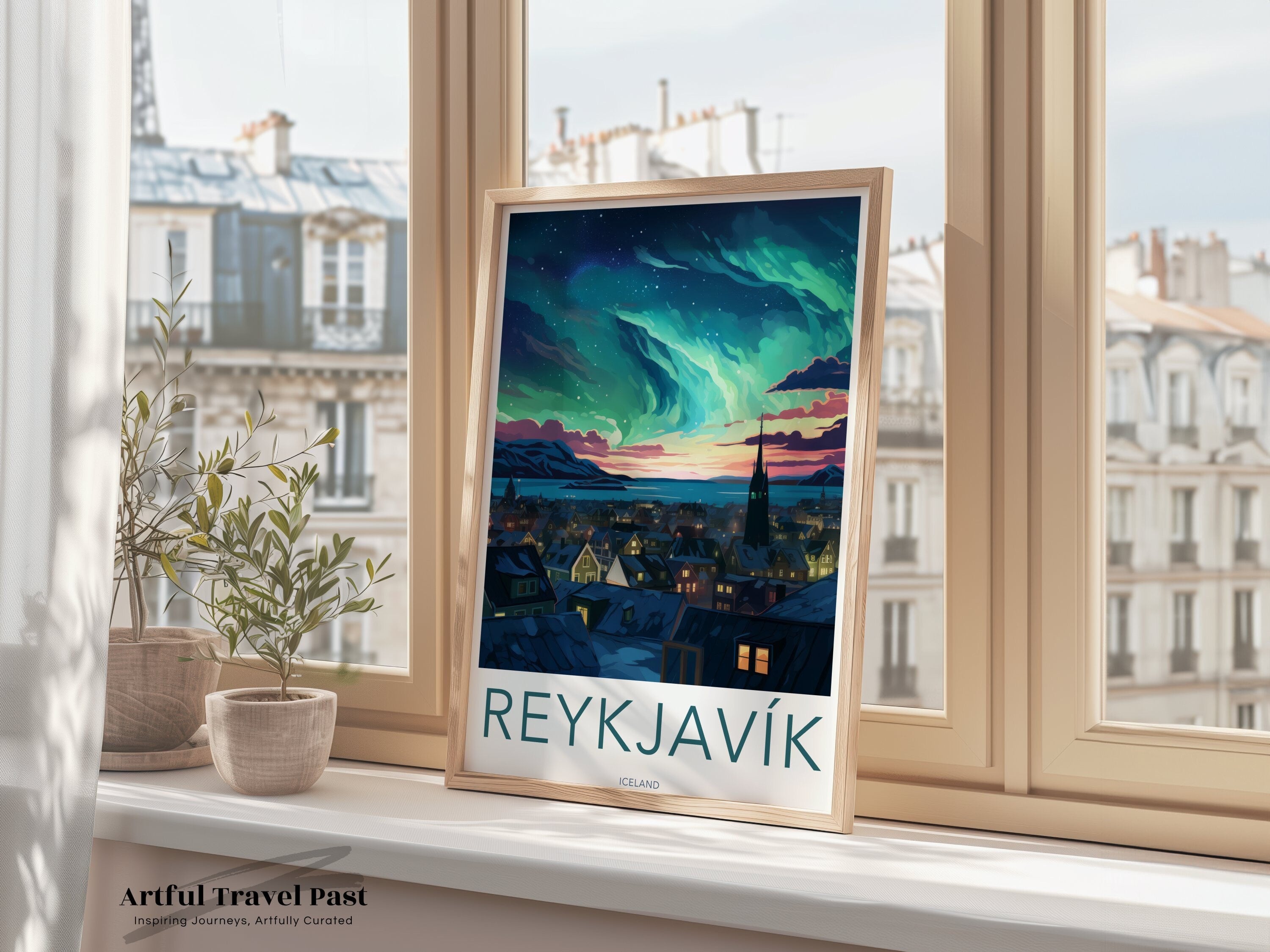 Reykjavik Wall Art, Iceland Night Sky, Aurora Borealis Poster, Scandinavian Landscape, Nordic Town Illustration, Home Decor