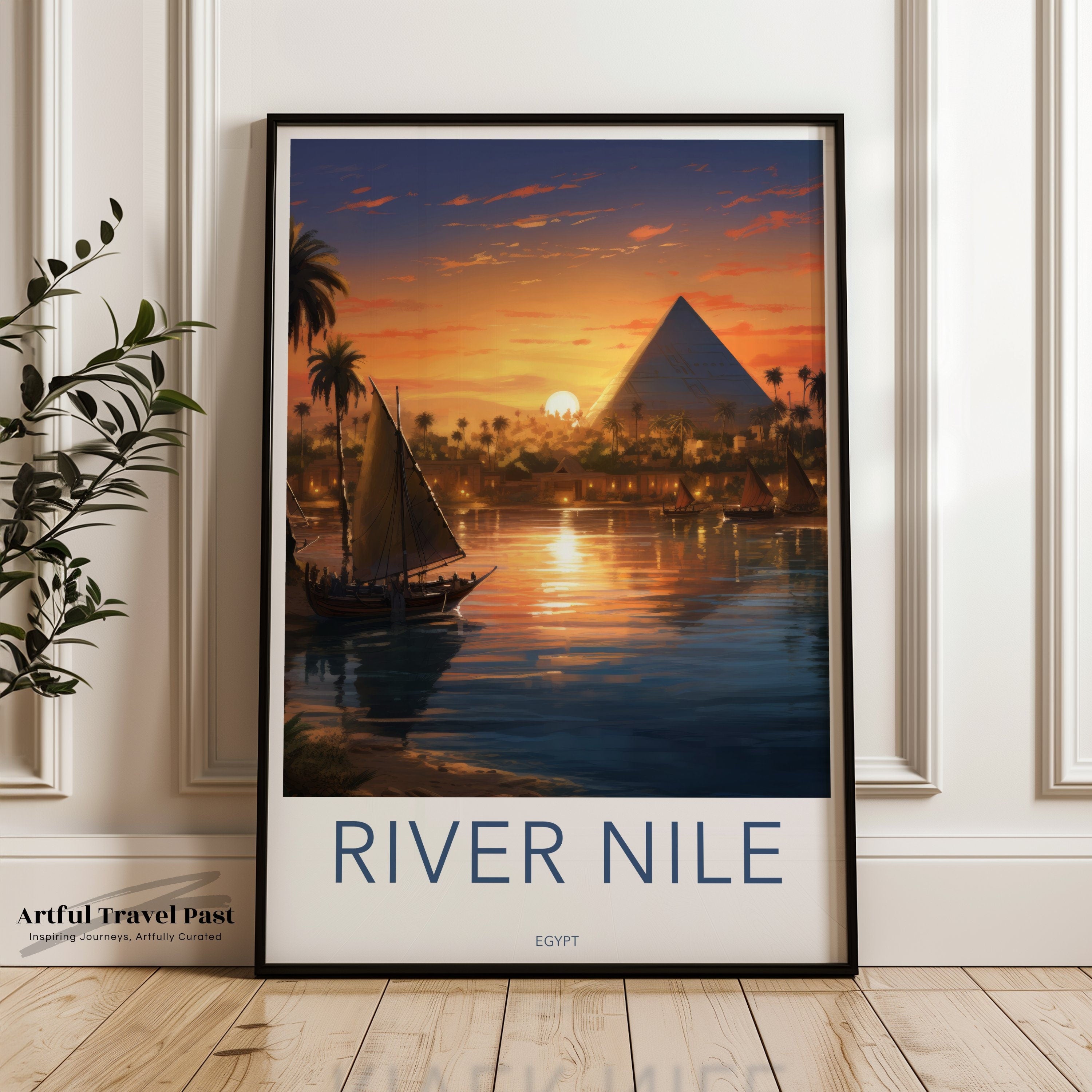 River Nile Egypt Wall Art, Pyramid at Sunset, Egyptian Landscape Poster, Ancient Egypt Decor Print, Pyramid Scenery