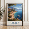 Sicily Italy Coastal View Wall Art, Mediterranean Landscape Artwork, Beach and Mountain Scene, Italian Seaside Decor