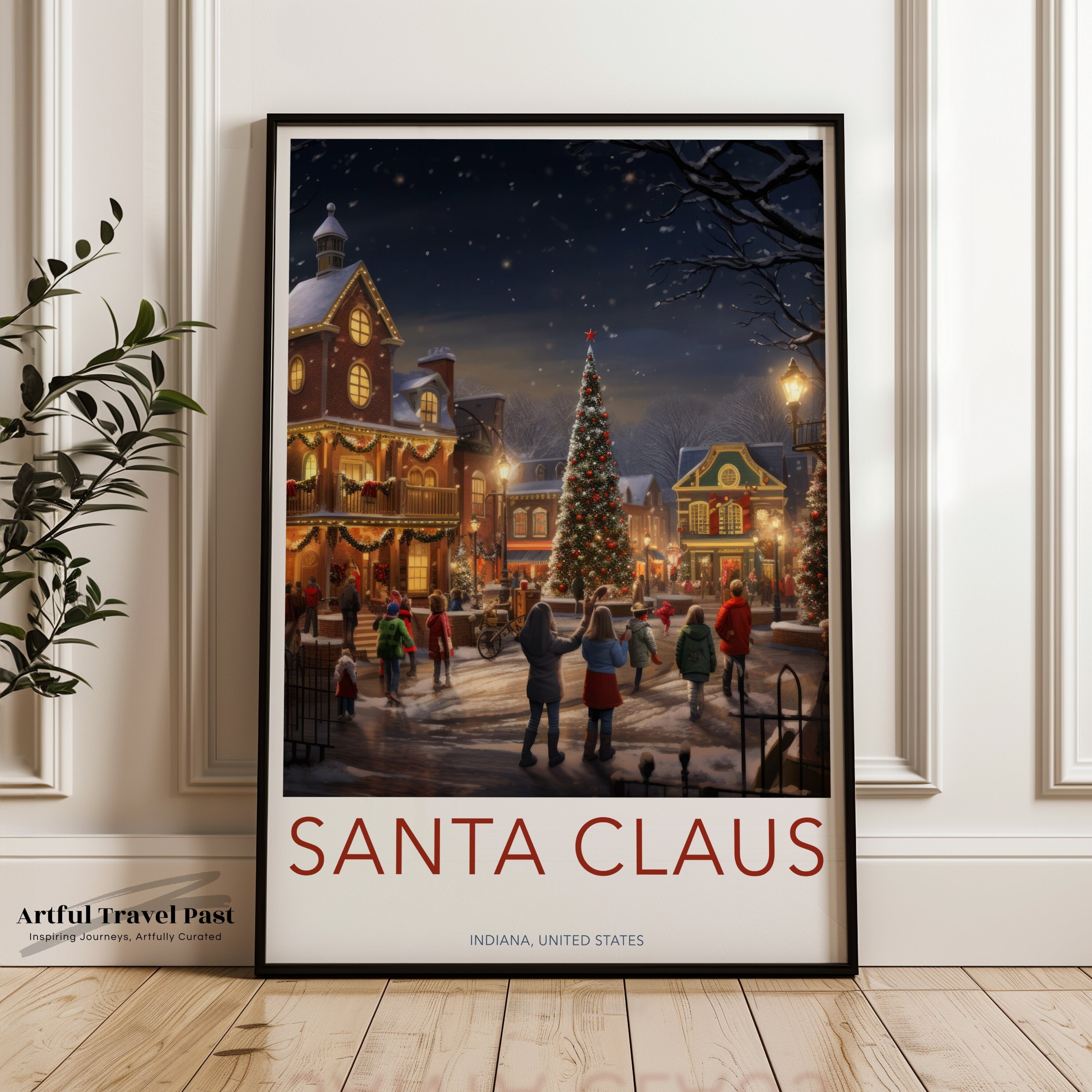 Santa Claus Indiana Christmas Scene Wall Art, Holiday Town Square Print, Festive Winter Night Poster, Christmas Decor Artwork