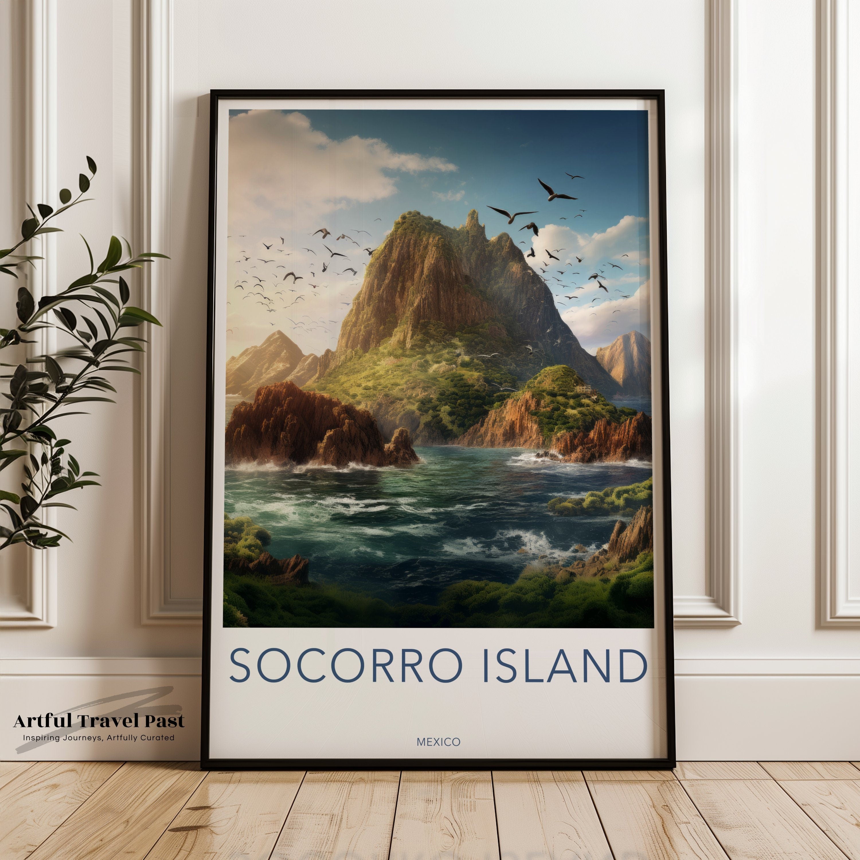 Socorro Island Wall Art Print, Mexico Landscape Poster, Nature Artwork, Scenic View Decor, Beautiful Ocean and Mountain Painting, Tropical