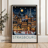 Strasbourg Wall Art, Historic Cityscape Illustration, Winter Night Scene, Festive Holiday Decor, European Architecture Print